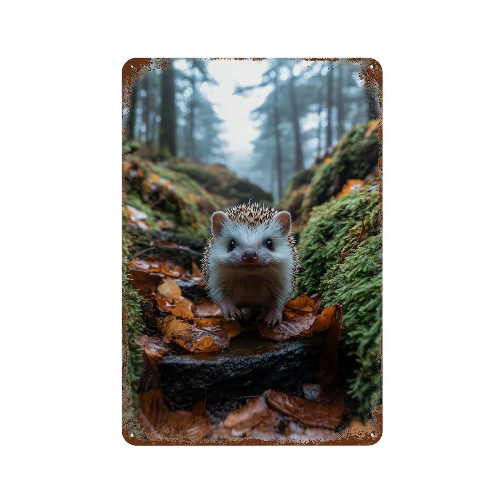 Decorative Tin Sign with Hedgehog in Misty Forest Design 11.8"x7.9", for Basement, Hobby Room And Garage Decor, Farmhouse Wall Decor