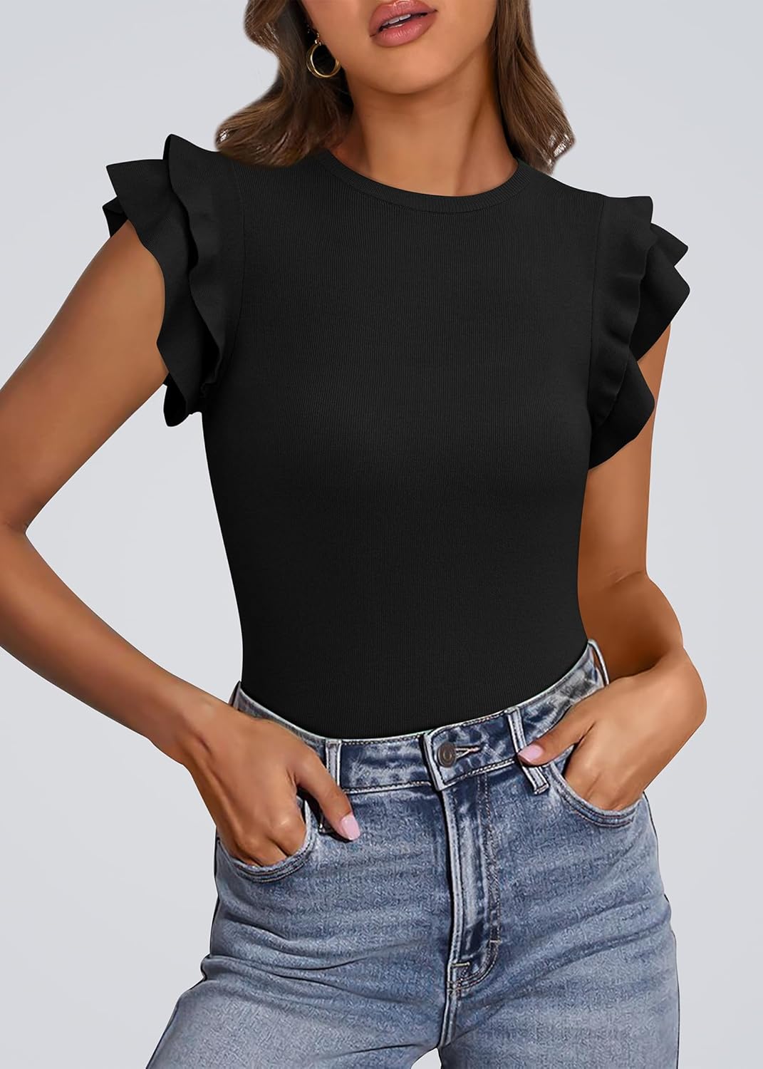 KIRUNDO Summer Sweaters for Women Lightweight 2025 Fall Ruffle Short Sleeve Business Casual Tops Slim Soft Knit T Shirts - Image 4