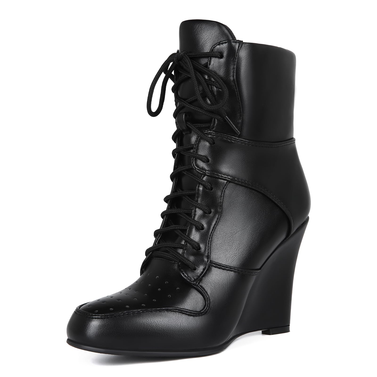 Womens Almond Toe Wedges Chunky High Heels Lace Up Leisure Fashion Ankle Strap Boots