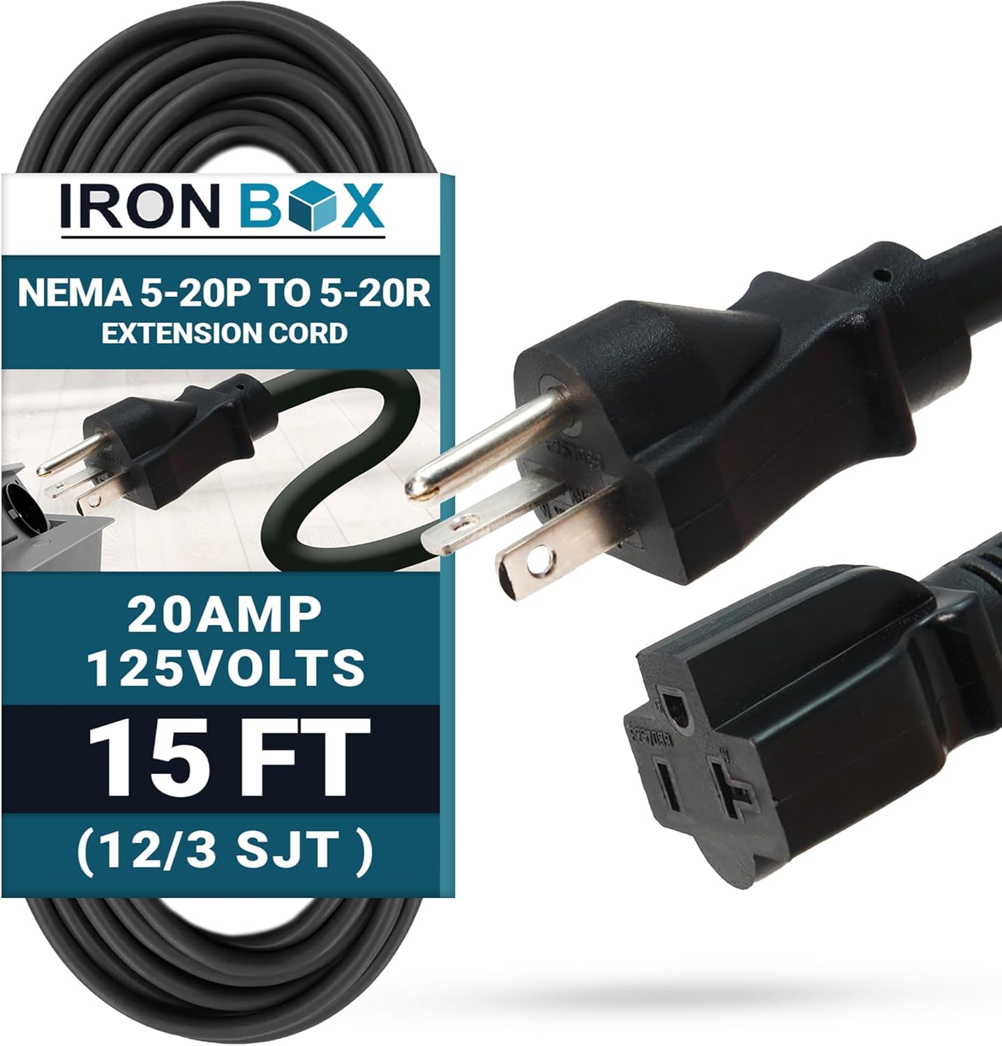 IronBox Electric NEMA 5-20P to 5-20R Extension Cord - 20A, 125V, 12/3 SJT Jacket - Heavy Duty Outdoor Generator Cords & Plugs - UL Listed Extension Cable for Data Centers, Camper & More (15ft, Molded)