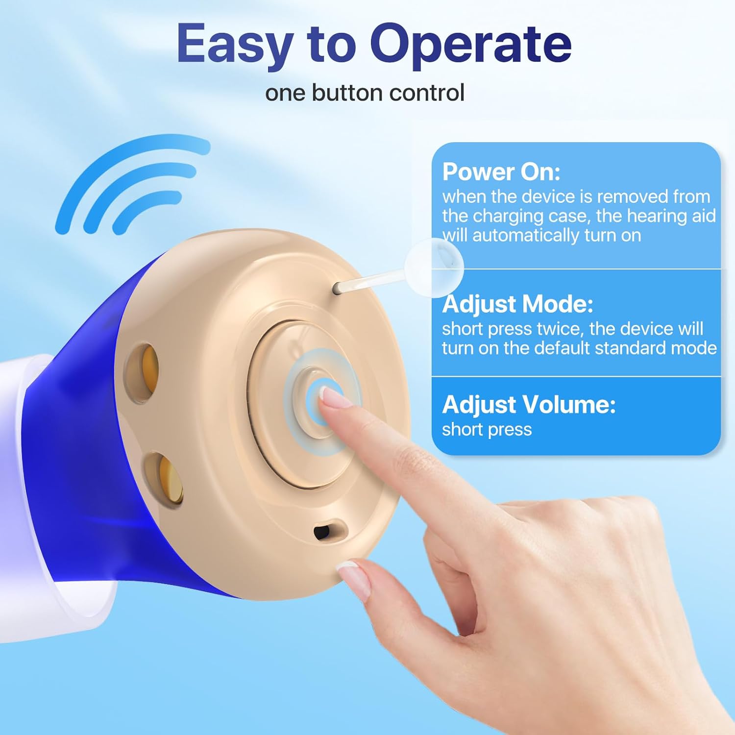 Diagram illustrating the single button operation of the Eumspo JH-A490 hearing aid. It shows a finger pressing the button with instructions for Power On (automatic when removed from case), Adjust Mode (short press twice), and Adjust Volume (short press).
