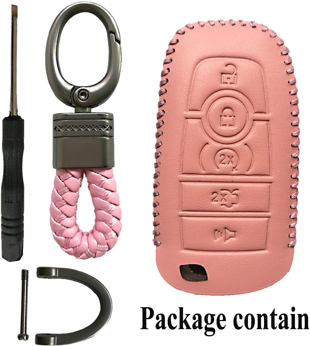 Pink Leather 5 Buttons Smart Key Fob Case Case Remote Skin Holder Protector Jacket For 2017 2018 2019 2020 2021 Ford Bronco Mustang Fusion Raptor F250 F350 F450 F550 Edge Explorer Expedition