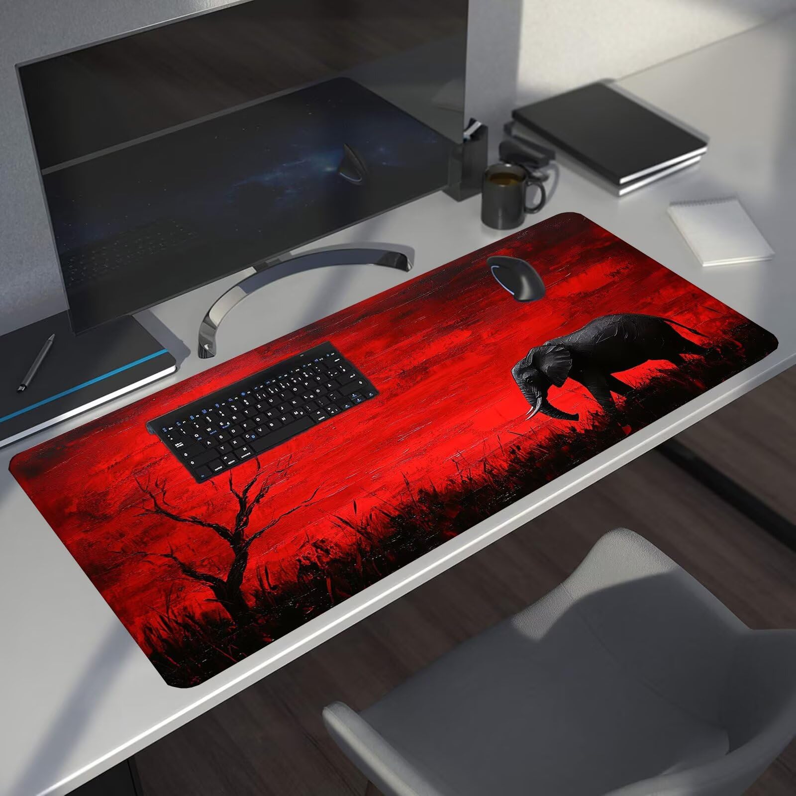 Podkładka pod mysz ze słoniem XXL Księżyc Podkładka pod mysz 1600 x 800 x 4 mm Podkładka pod mysz do gier, duża wodoodporna antypoślizgowa mata na biurko, podkładka pod mysz szyte krawędzie dla