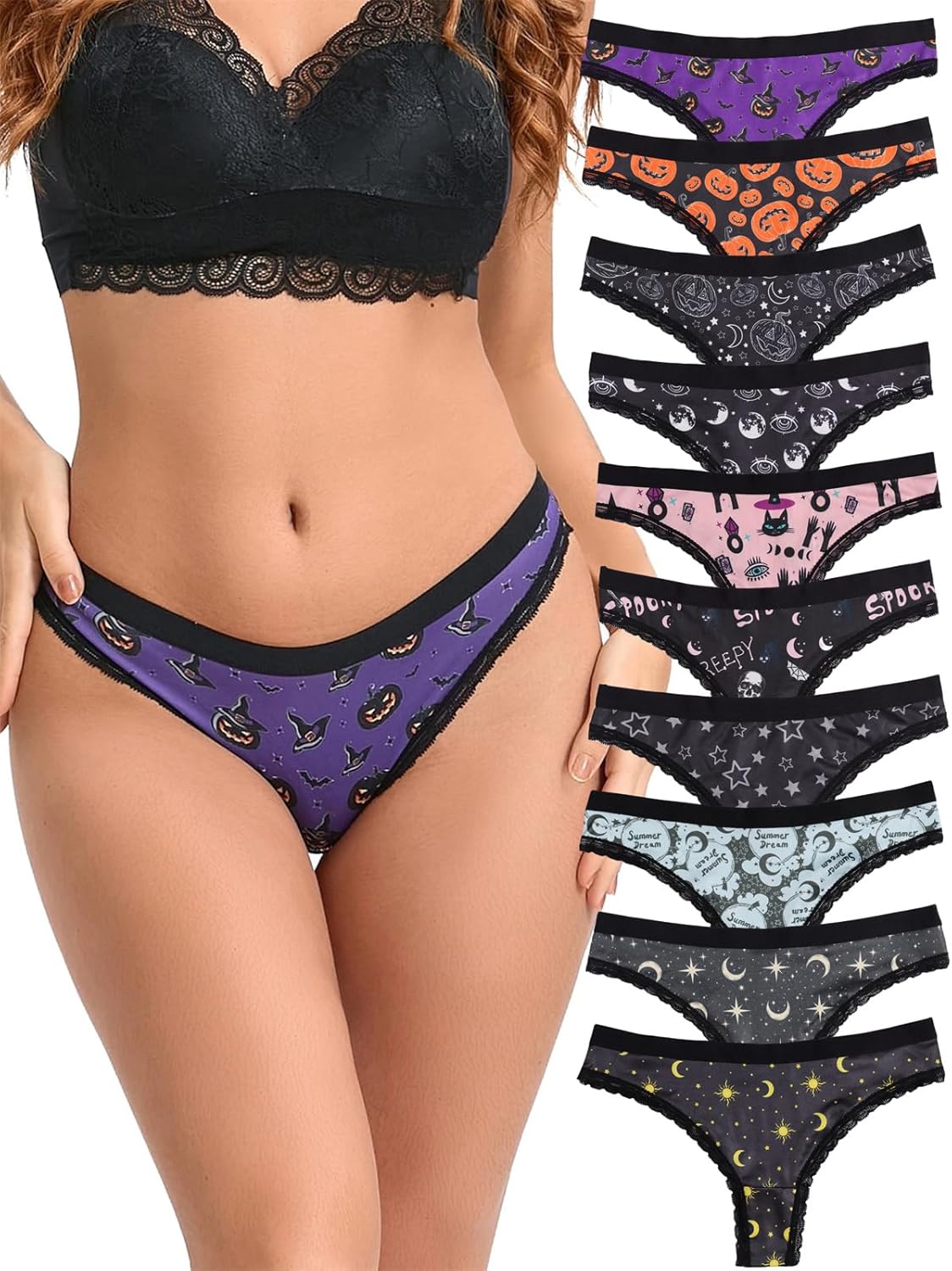 Morvia Variety of Panties Thongs Sexy Cute Chic Gothic Contrast Lace Halloween Skulls Stars Inspired Print Random Underwear - Image 2