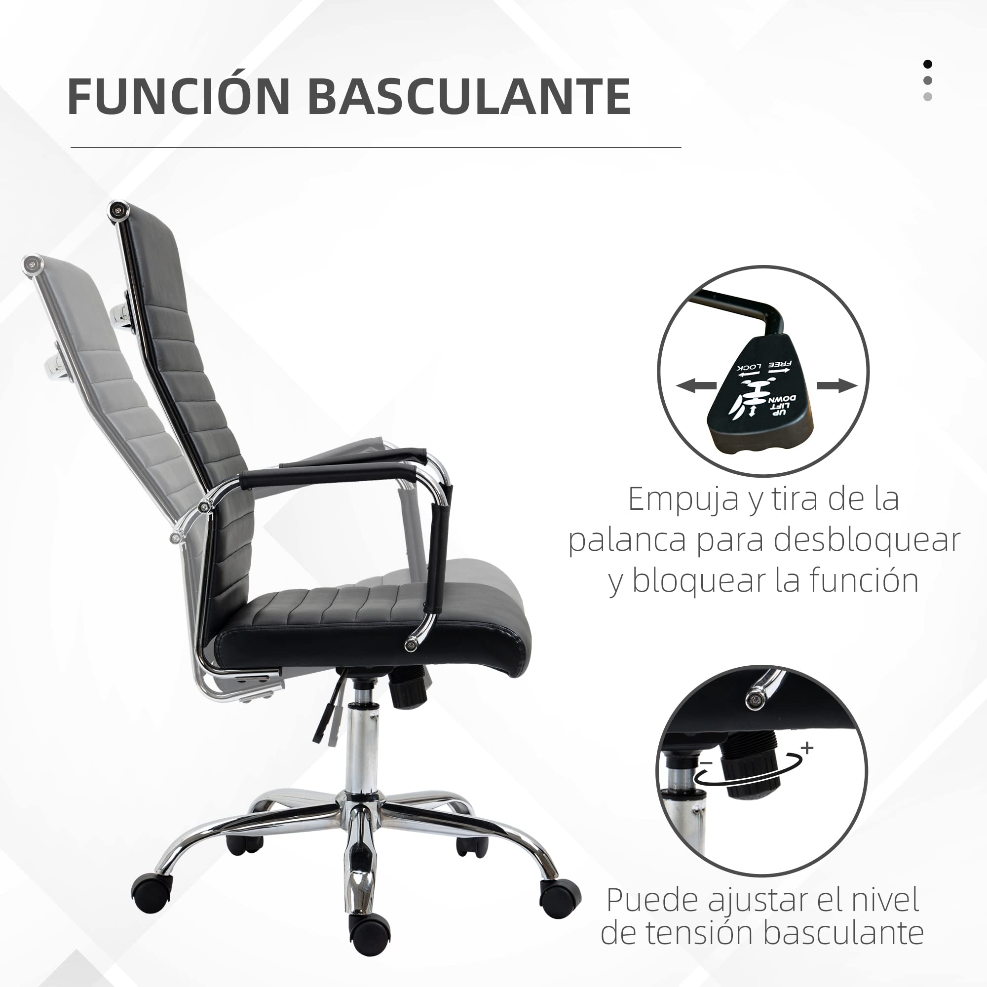 Vinsetto Silla de Escritorio Giratoria con Respaldo Alto Ruedas Negro | Silla de Oficina, Ruedas Giratorias, Altura Ajustable, Función Basculante, Reposabrazos, Tapizado en Cuero Sintético