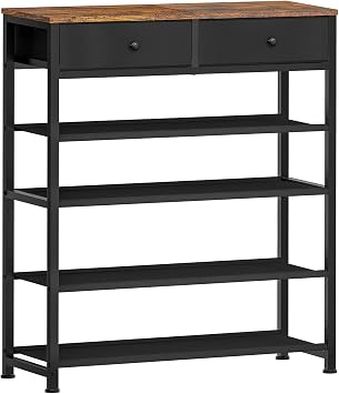usikey Shoe Rack, 5 Tier Shoe Storage Organizer with 2 Drawers, Metal Shoe Shelf for 12-16 Pairs of Shoes, with 4 Oxford Fabric Shelves and Wooden Top, Shoe Stand for Closet Entryway, Black