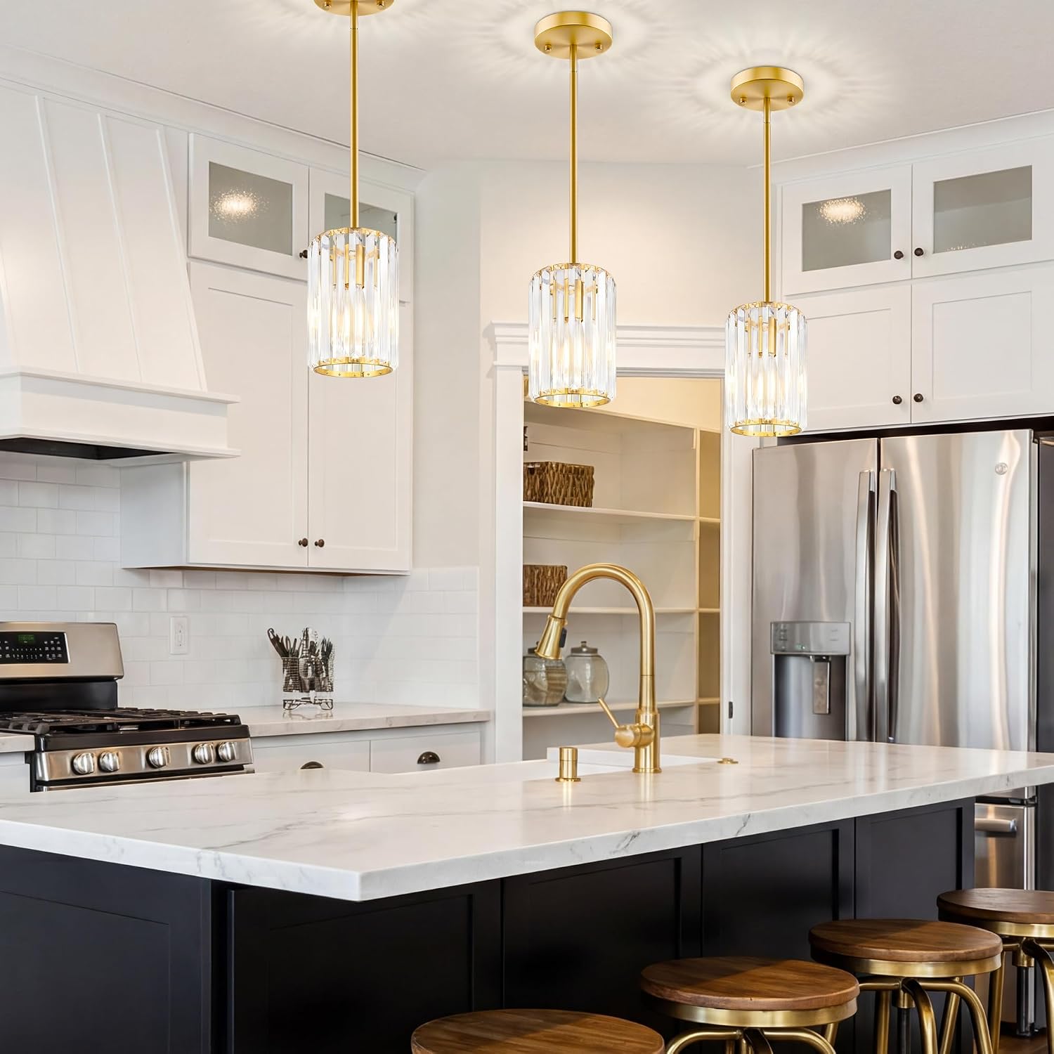 Gold Pendant Light, Modern Crystal Pendant Lights Kitchen Island, Kitchen Island Lighting with Adjustable Height, UL Certified Island Lights for Kitchen Dining Room Bedroom Hallway 3 Pack