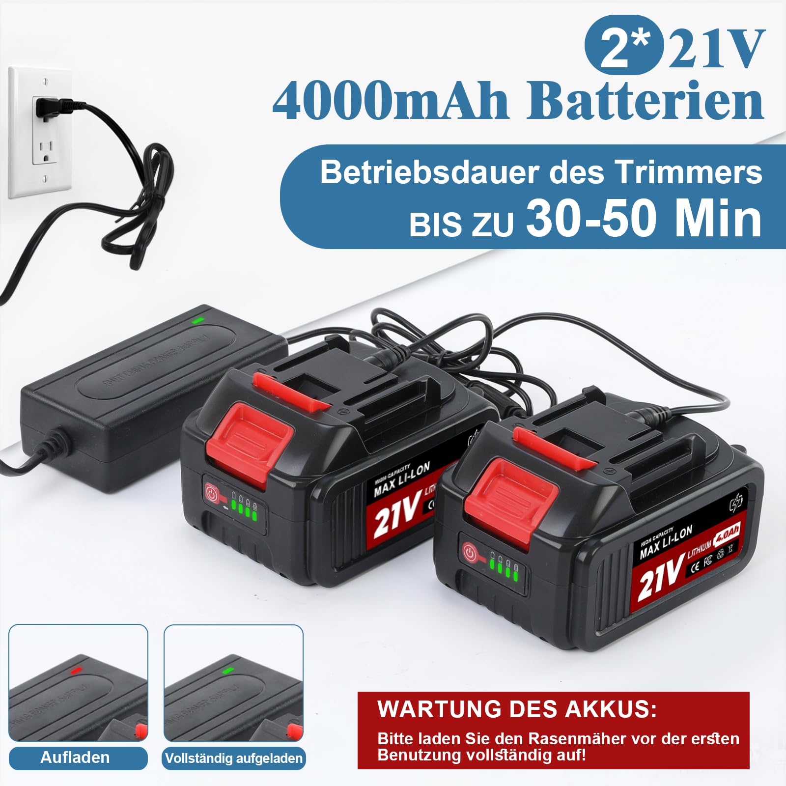 Desbrozadora Bateria 21V, Desbrozadora Electrica con 2 x 4.0Ah Baterías, Cortacesped Electrico 5 En 1 Cortabordes Bateria con Cepillo de Malas Hierbas, Motor sin Escobillas, Pantalla LED, Azul - 3
