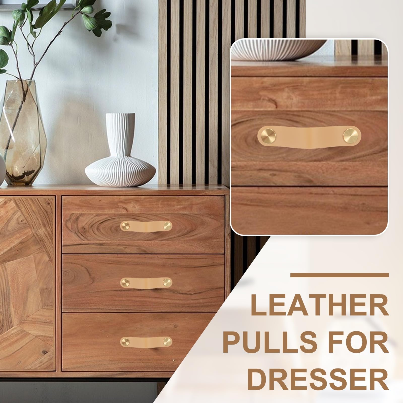 PATIKIL Leather Drawer Pulls, 4 Pack Leather Handle 3.7 Inch Hole Center Cabinet  Dresser Knobs with Screws for Dresser Cupboard Closet Doors, Beige