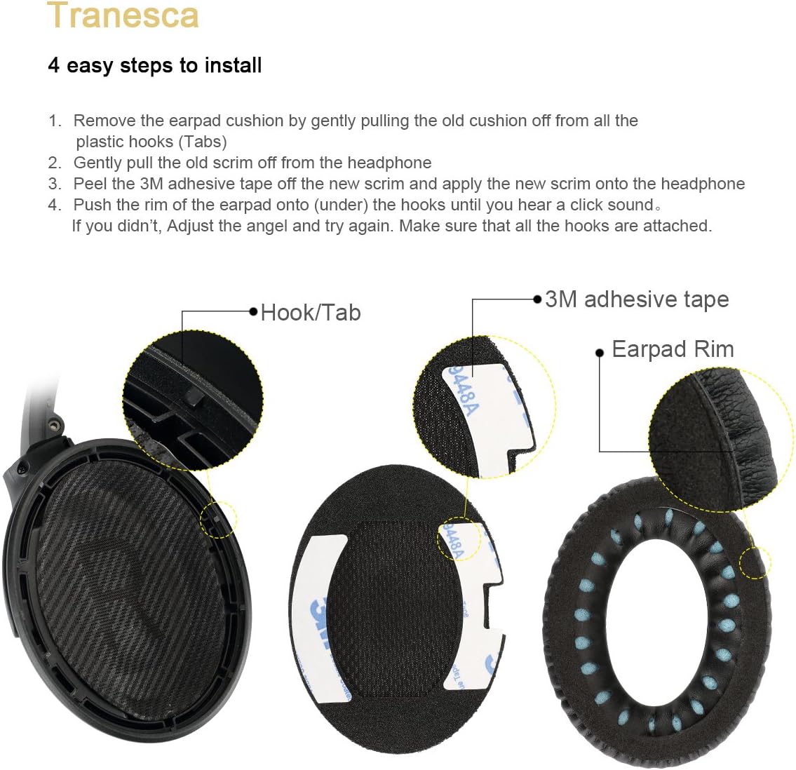 Tranesca Replacement Earpad kit for Bose QC15 (Black)