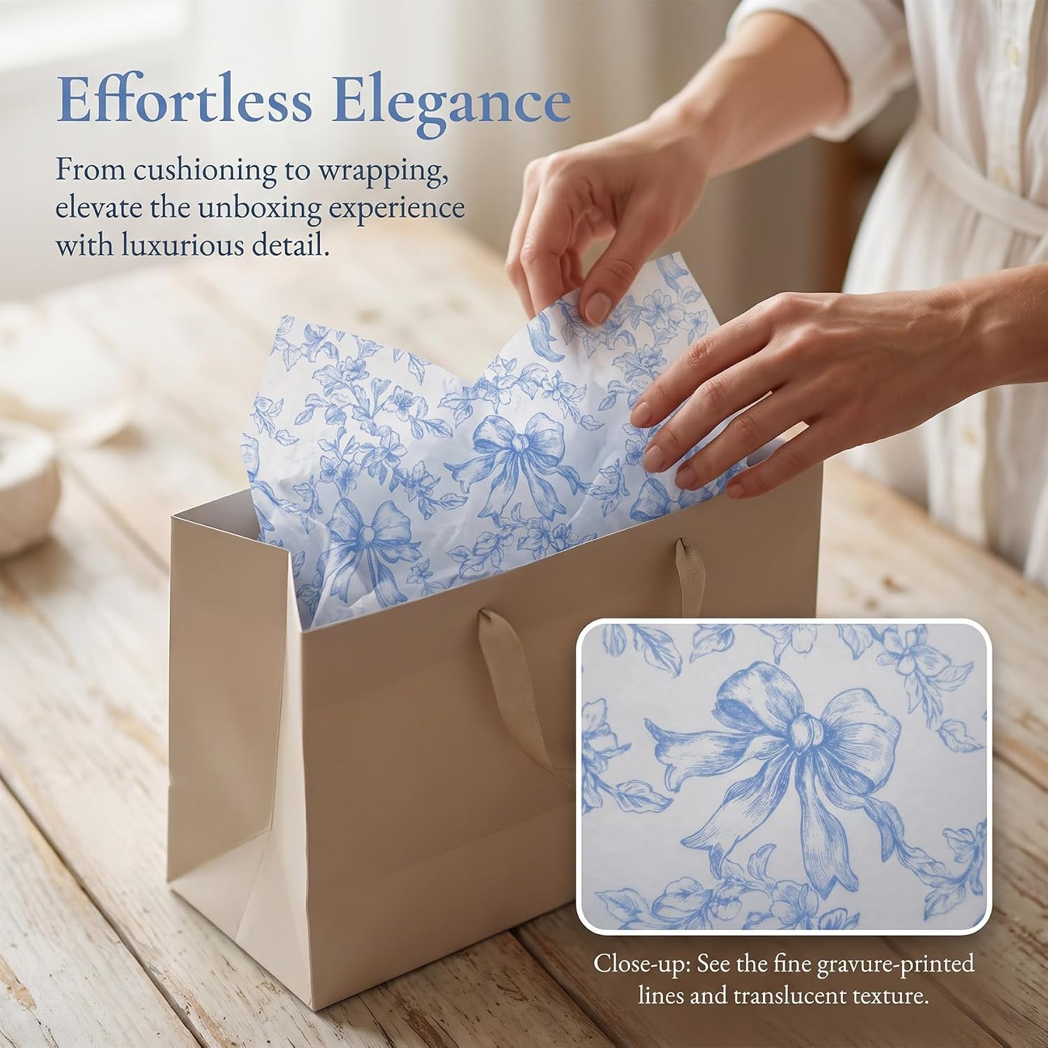 LIAPAWPAW Blue Bow Floral Tissue Paper for Gift Bags, 60 Sheets 20x14 Inch image 2