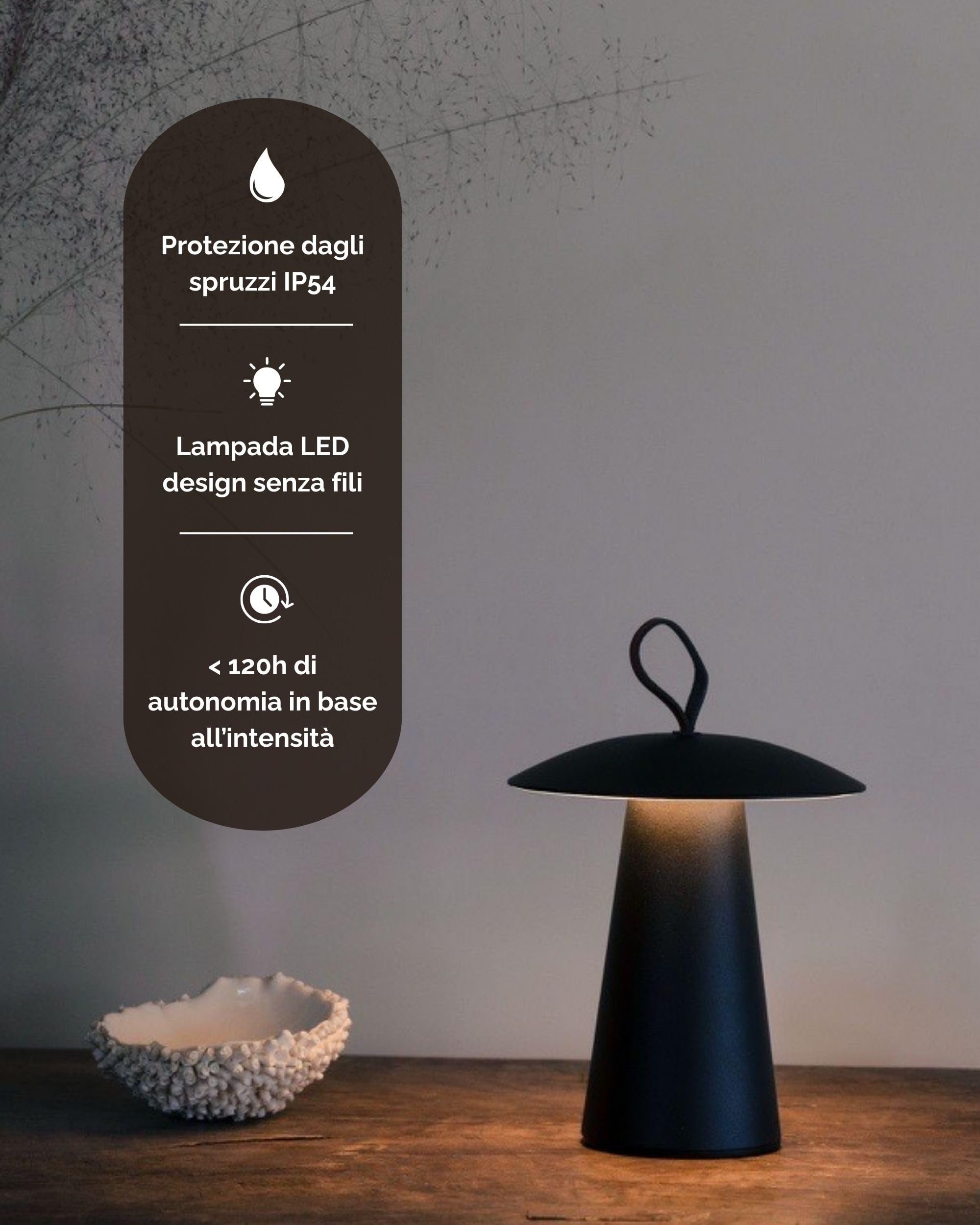 LUUK Studio Lampada da Tavolo LED Ricaricabile Senza fili a Forma di fungo, Controllo Tattile con Regolazione Continua, USB-C, IP54, Lampada Decorativa Moderna Interni, Camera da Letto, Esterni, Nero