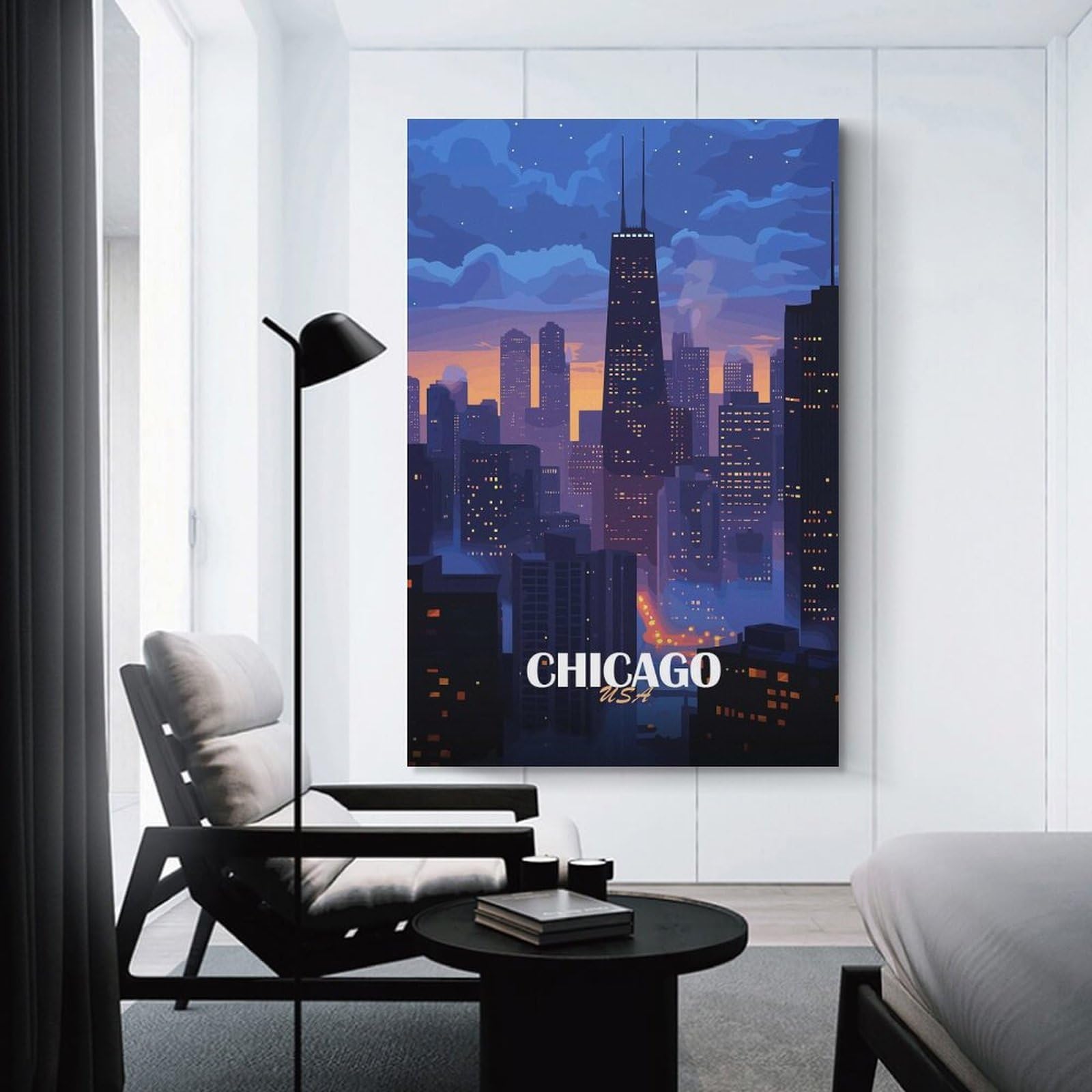 Junmoney Home Decor Wall Art Chicago Cityscape at Dusk, 24x36inch(60x90cm), for Workspace Walls, Study Corners Or Bedrooms, A Smart Decor Choice for Study Walls