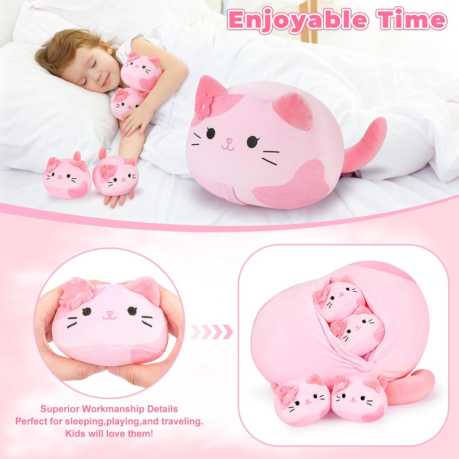 5 PCS Pink Sakura Cat Plush Stuffed Animal Family-19" Soft Pink Sakura Cat Plush, Large Mommy Plushies with 4 Baby Kittens Plushies, Kawaii Plush Toy Christmas Birthday Gifts for Kids Boys Girls