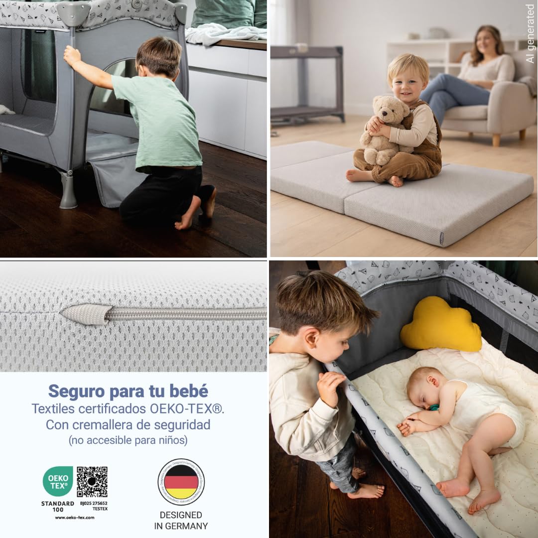 hauck Sleep N Play Center Set Cuna de Viaje Bebe – Teddy Grey | Con colchón, mosquitera, cambiador y elevador recién nacido | Parque infantil plegable y bolsa