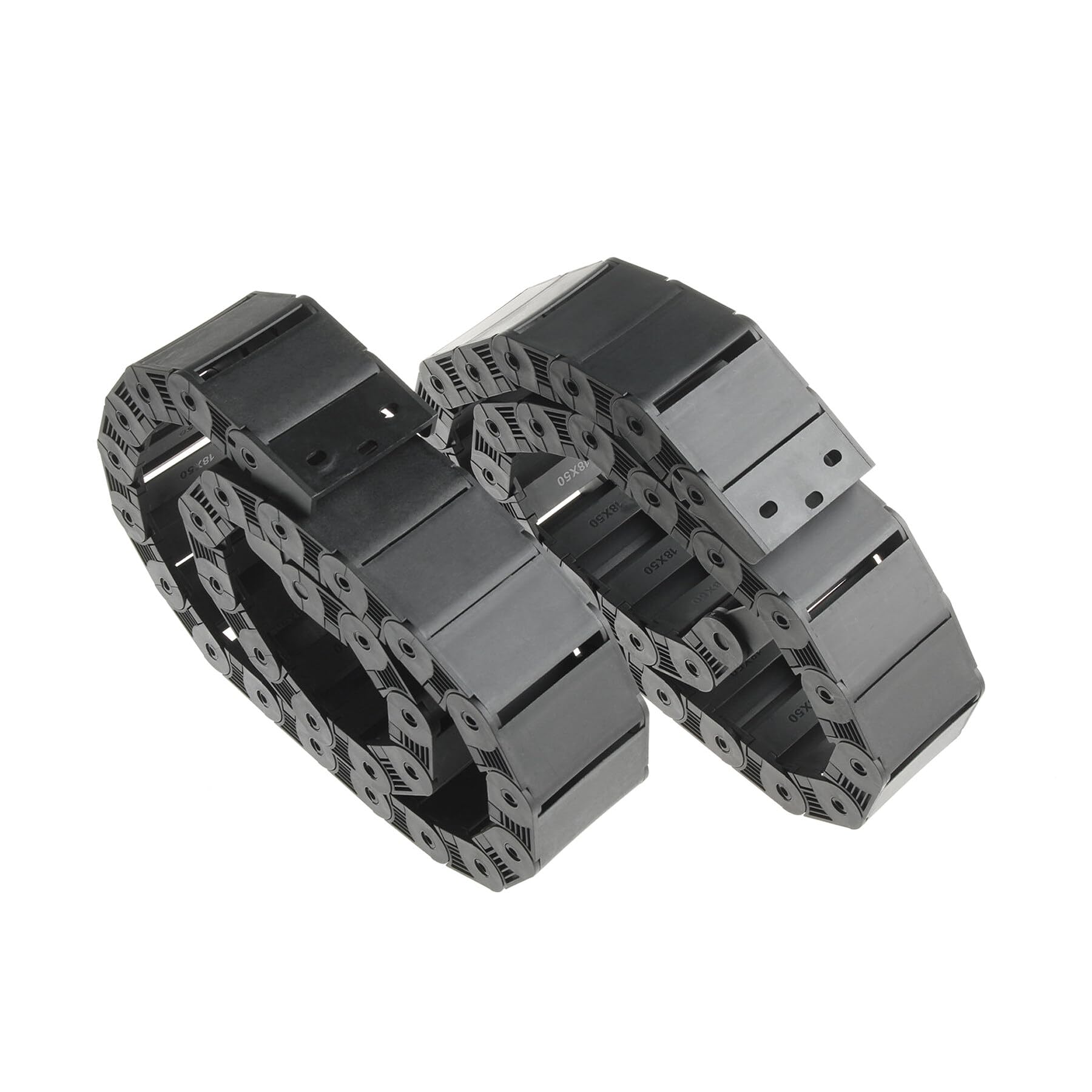 Catena di traino per cavi R38, 2 pezzi, 18 mm x 50 mm, in plastica nera, lunghezza 1 m, per CNC, con connettori terminali, tipo semi-chiuso, apertura laterale