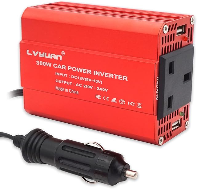 LVYUAN 300W Car Power Inverter DC 12V to 230V 240V AC Car Converter with Dual USB 2.4A Ports & UK Sockets Car Cigarette Adapter Converter, Red Aluminum Alloy Body