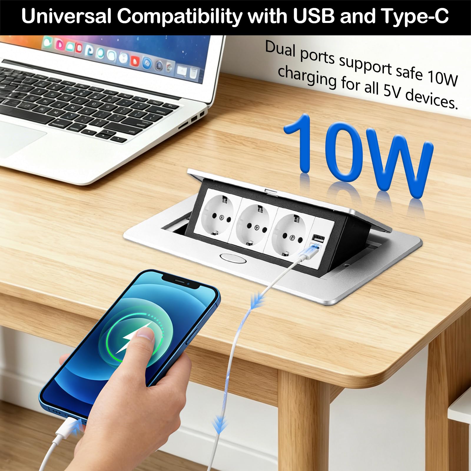 Aluminium Tischplatte Versenkte Steckdose, 4000W/16A Tischplatte Einbausteckdose mit USB und Type C, Tischsteckdose 3 Fach Einbau Steckdosenleiste, Steckdosen für Konferenzraum Heim Büro,1,8M Kable