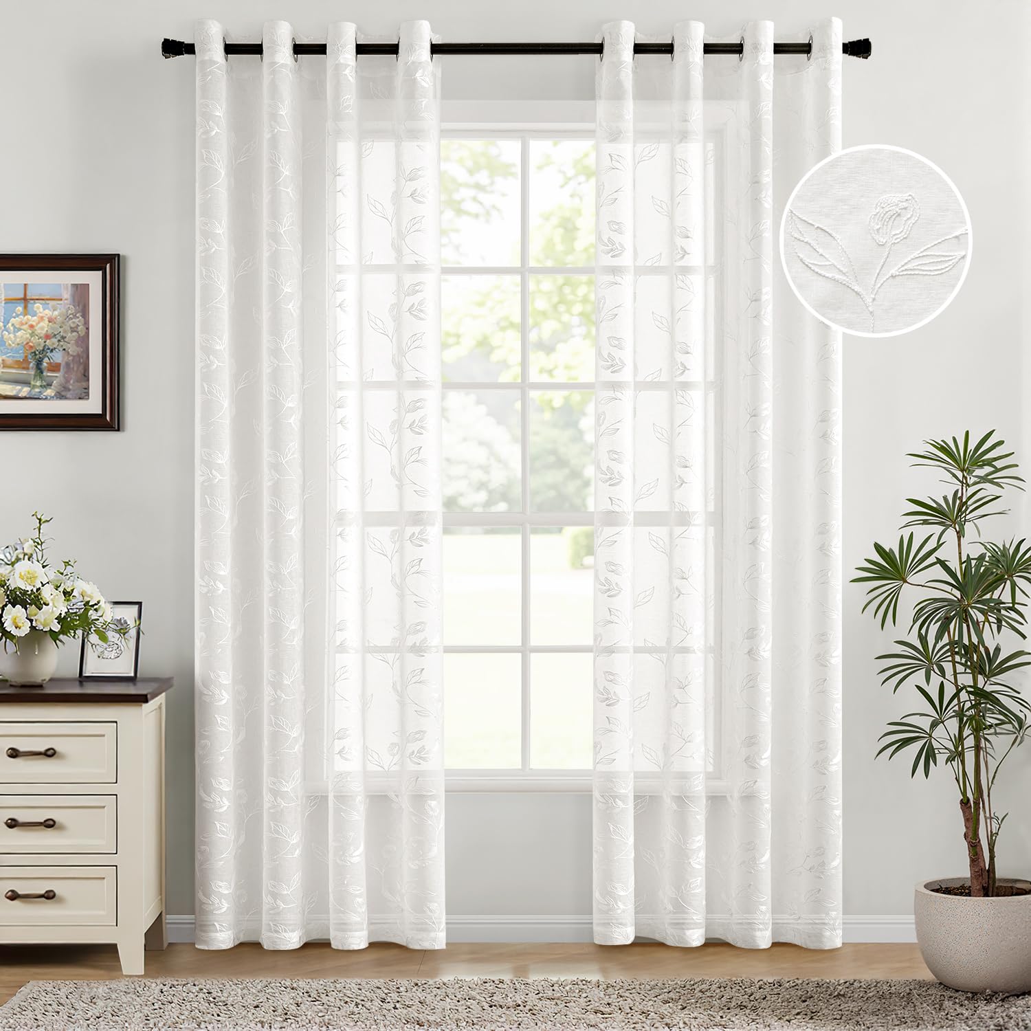 Woaboy Cortina Dormitorio Blanco Estampadas Flores Hojas Visillo Ventana Decorativo Tansparente Moderno para Salón Habitación 2 Piezas 140x225cm
