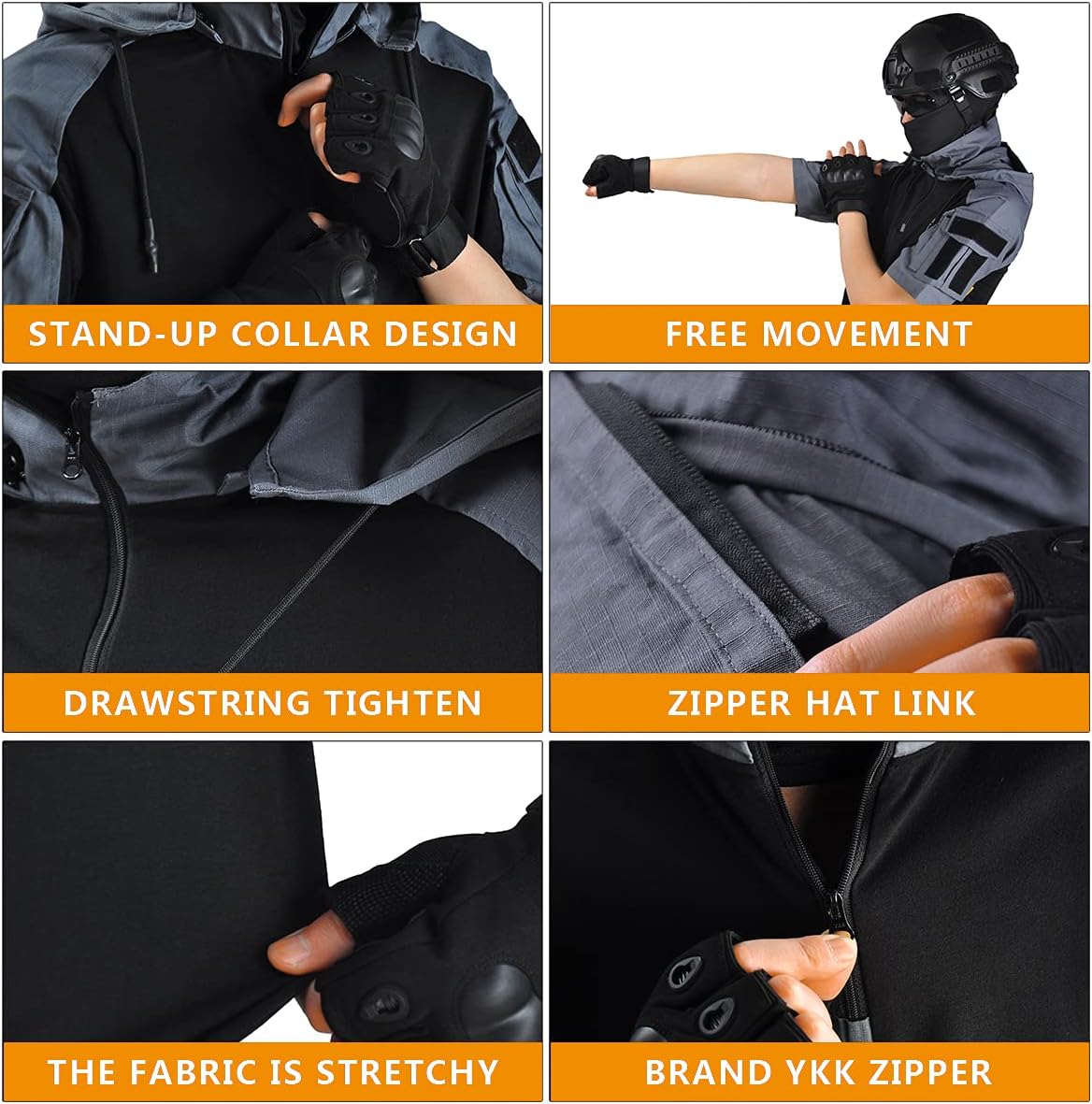 HAN·WILD Men's Combat Shirts Tactical Short Sleeve Shirt Cargo Military Airsoft T-Shirt with Hood Outdoor