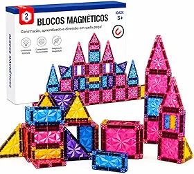 Blocos Magnéticos Montar Infantil Coloridos – Kit Educativo 3D Peças Translúcidas, Ímã Forte, Estimula Criatividade, Coordenação Motora e Raciocínio Brinquedo Didático Seguro (40 Peças)