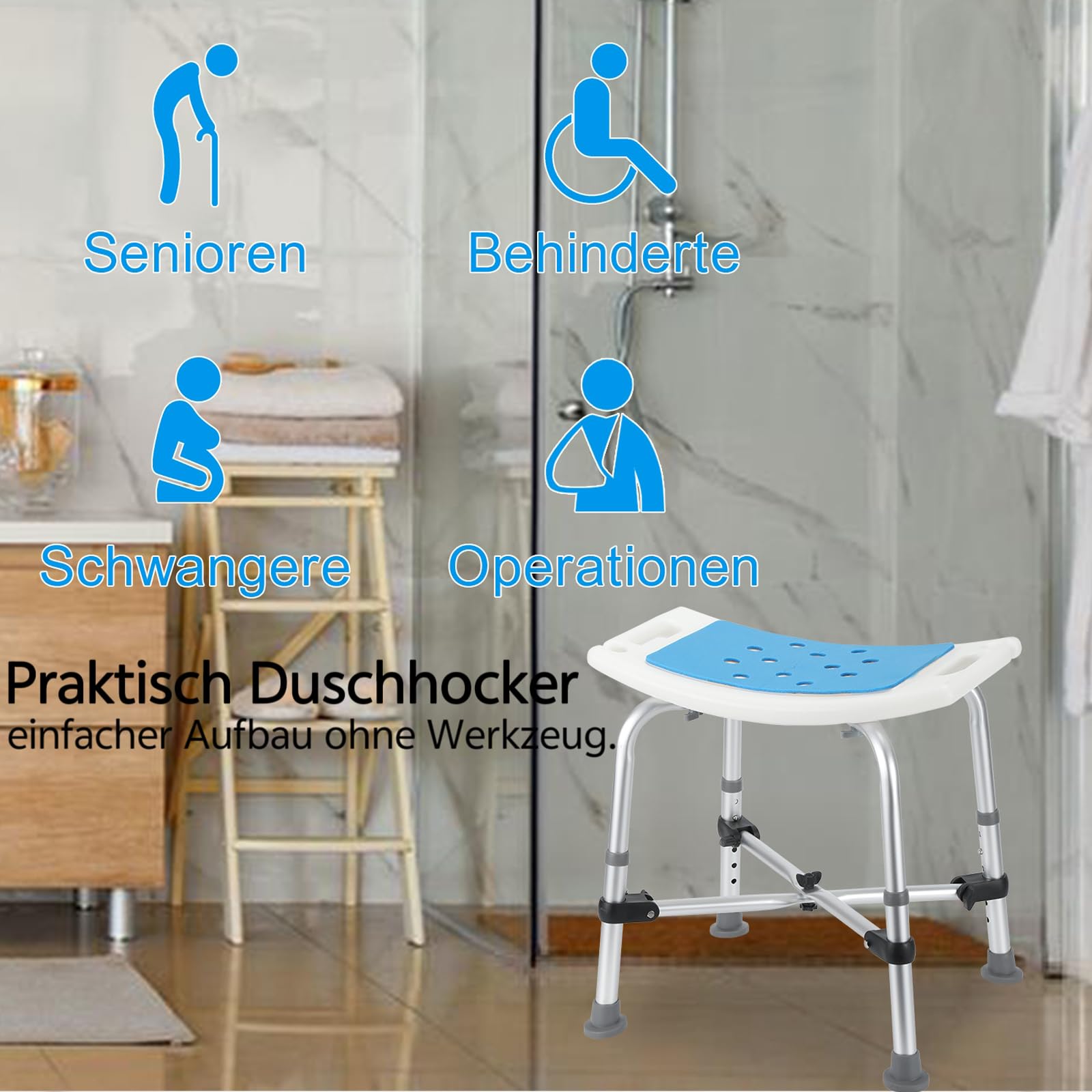 Taboret prysznicowy, krzesło prysznicowe z regulacją wysokości dla seniorów, antypoślizgowy taboret łazienkowy, siedzisko prysznicowe z podwójnie wzmocnioną belką poprzeczną, krzesło kąpielowe