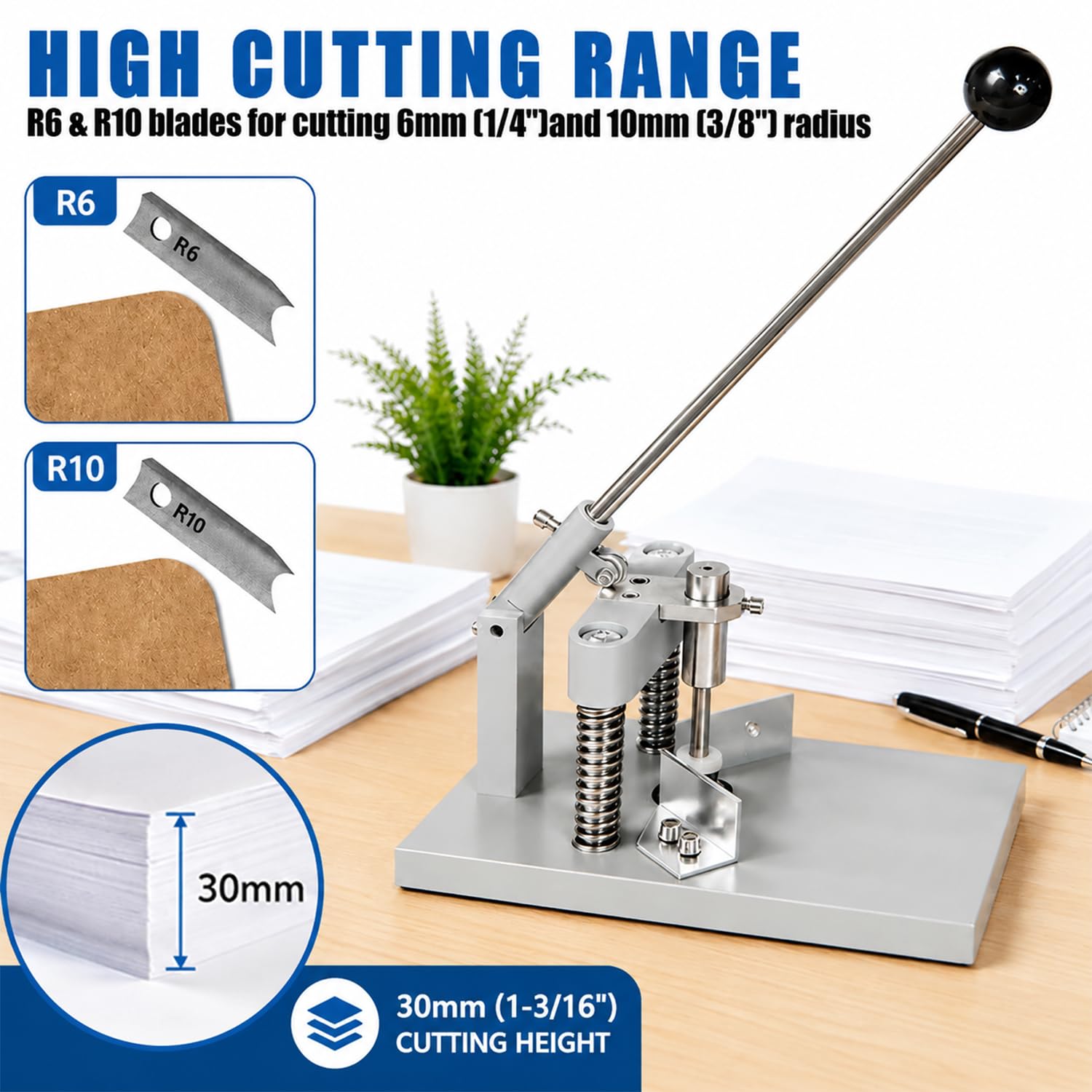 Robuster Eckenrunder, 30 mm dick, manueller Eckenrunder, Papierstanzmaschine mit R6 mm R10 mm Klingen/Stanzformen für Papier, Karton und Laminat, Visitenkarten