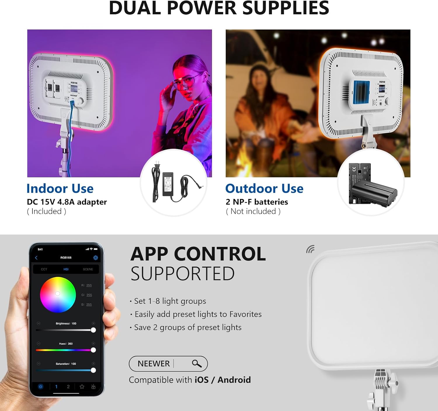 Neewer 18.3/'' RGB LED Video Light Panel with App Control Stand Kit 2 Packs, 360° Full Color,60W Dimmable 2500K~8500K RGB168 CRI97+ 17 Scene Effect for Game/YouTube/Zoom/Photography,White