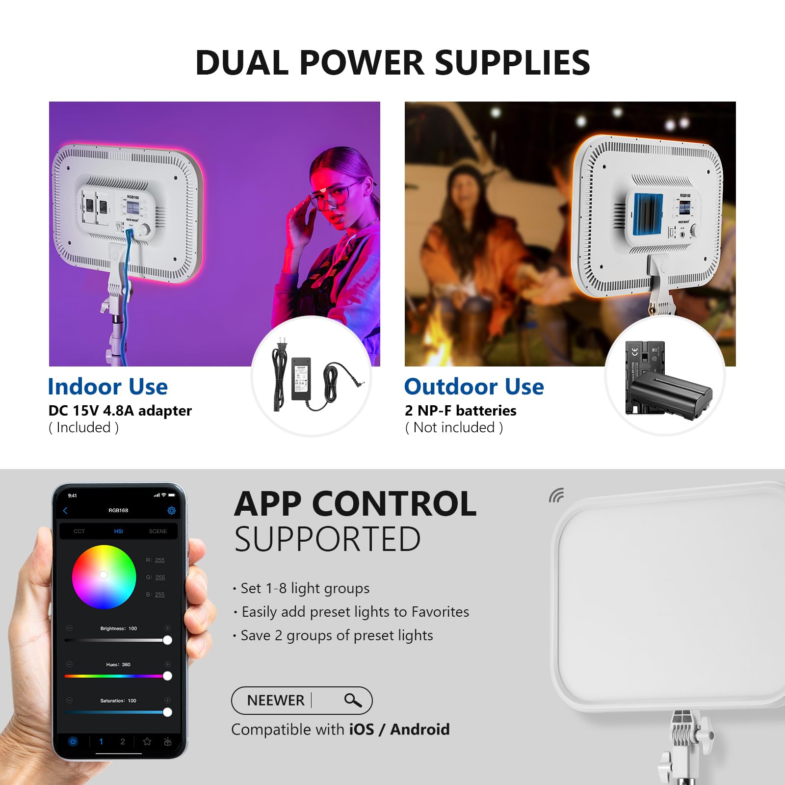 NEEWER 13" LED Video Light Panel Kit, 2 Pack Bi Color Dimmable with Tripod Stand, 4000mAh Battery, 3200K-5600K CRI97+, USB, for Studio/Streaming/YouTube, Black, NL-192AI