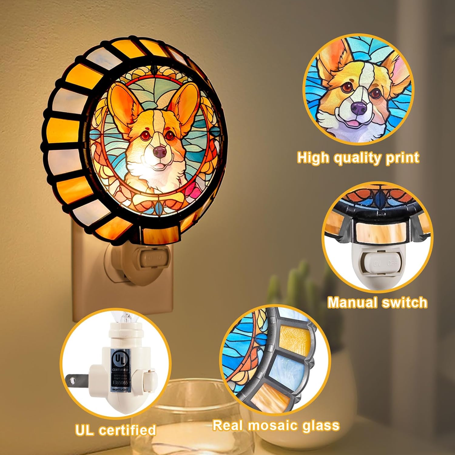 Mosaic Stained Glass Night Light, Corgi, Made with Real Mosaic Glass Pieces, Plug-in with On/Off Switch, Handcrafted Artisan Home Decor
