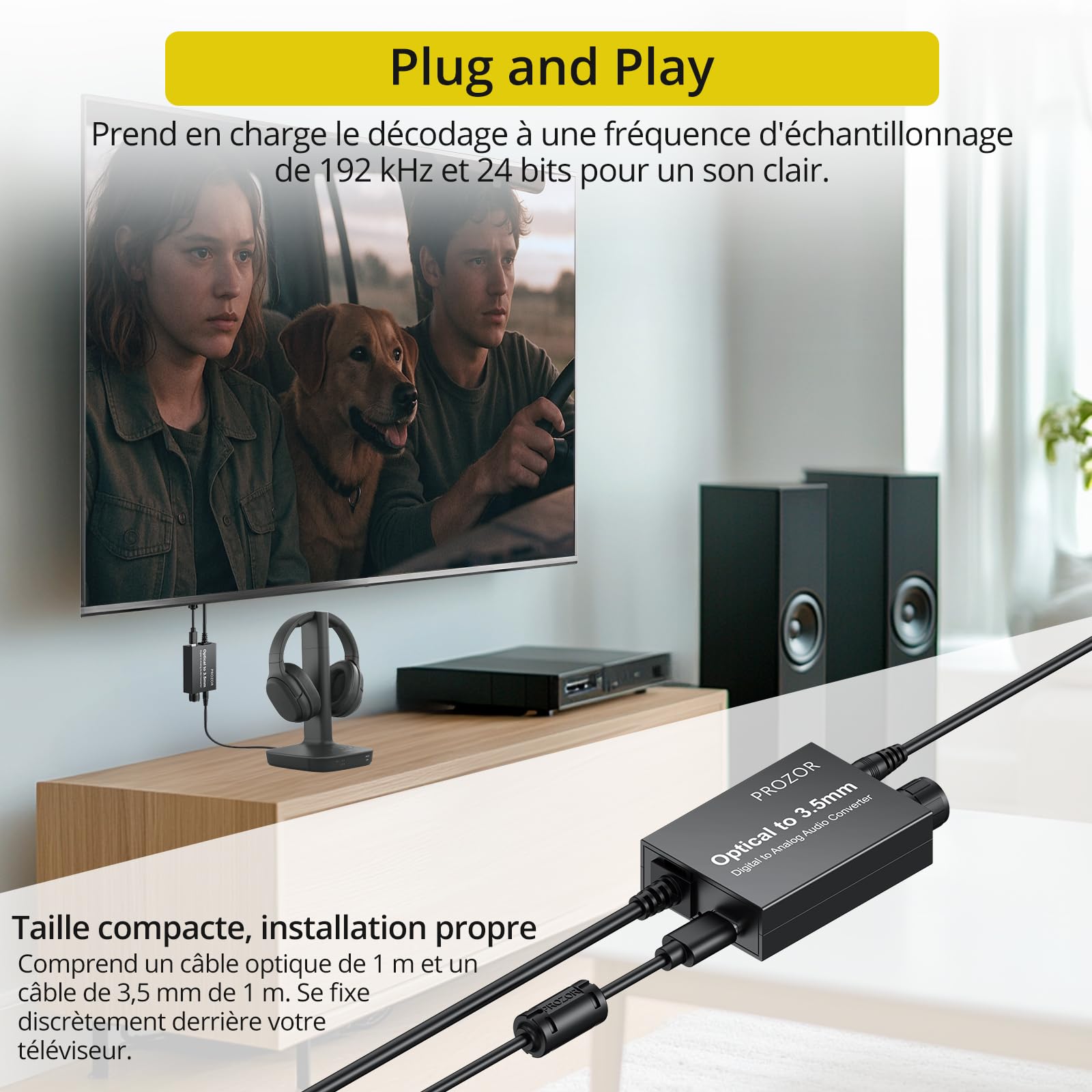 PROZOR Convertisseur SPDIF Optique vers 3.5mm avec Amplificateur Audio 192kHz/24bit Compact Plug and Play pour Casque TV et Enceintes