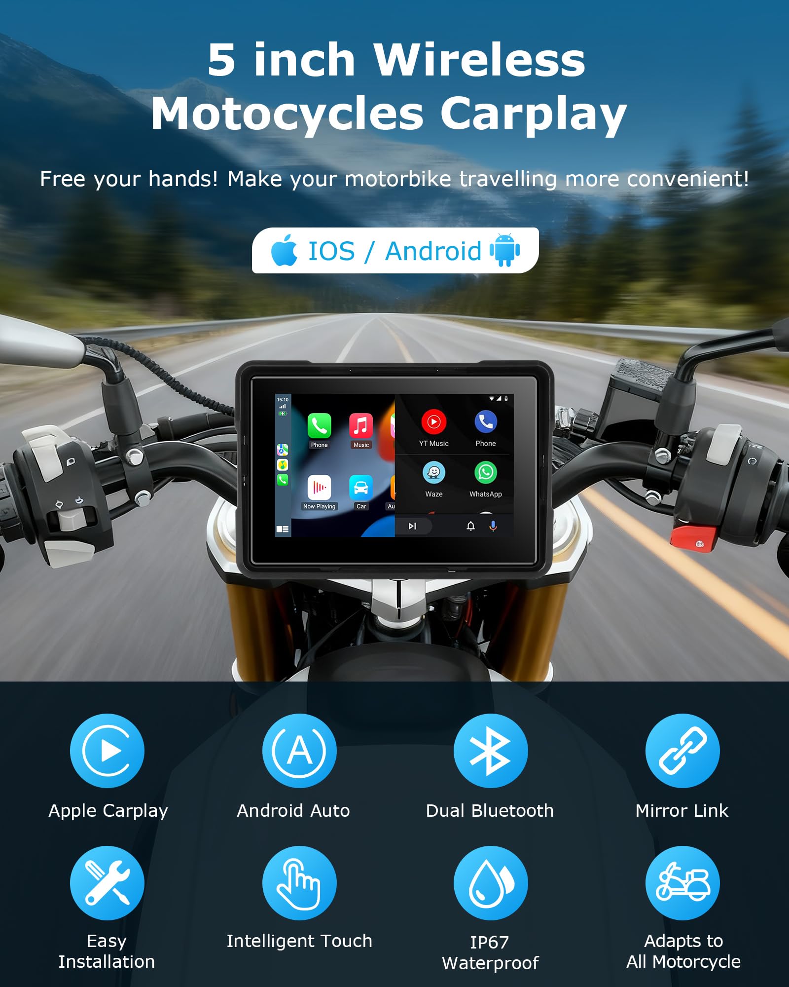 Jansite Motorcycle Carplay Screen 5 inch Wireless Carplay Motorbike Android Auto, Dual Bluetooth Waterproof Motorcycle Sat Nav Siri/G0ogle Assistant - 2