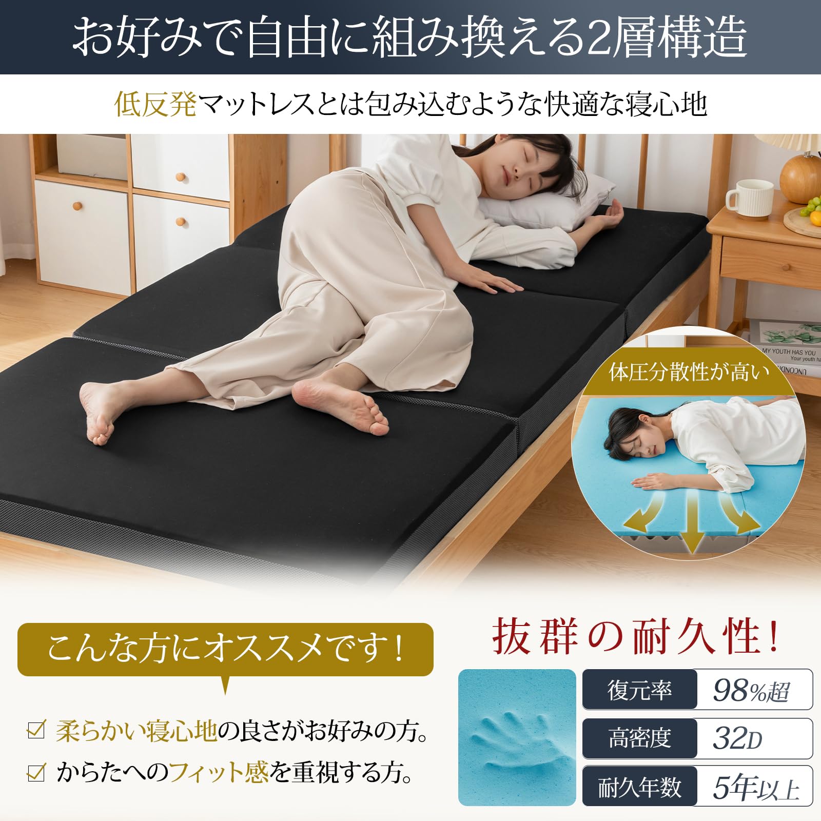 Amazon｜Softime マットレス シングル 三つ折り 高反発 低反発 2層構造