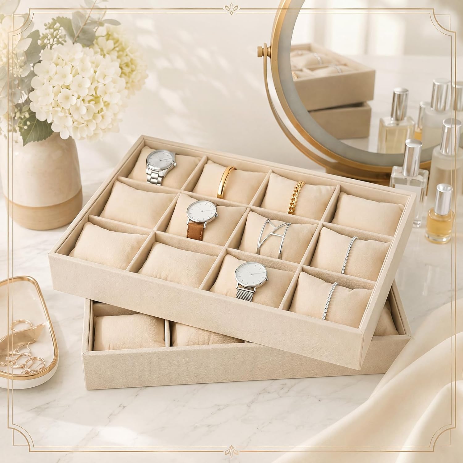 Sureio 3 Pack 12 Grid Watch Tray Organizer, with Bracelet Pillows Beige