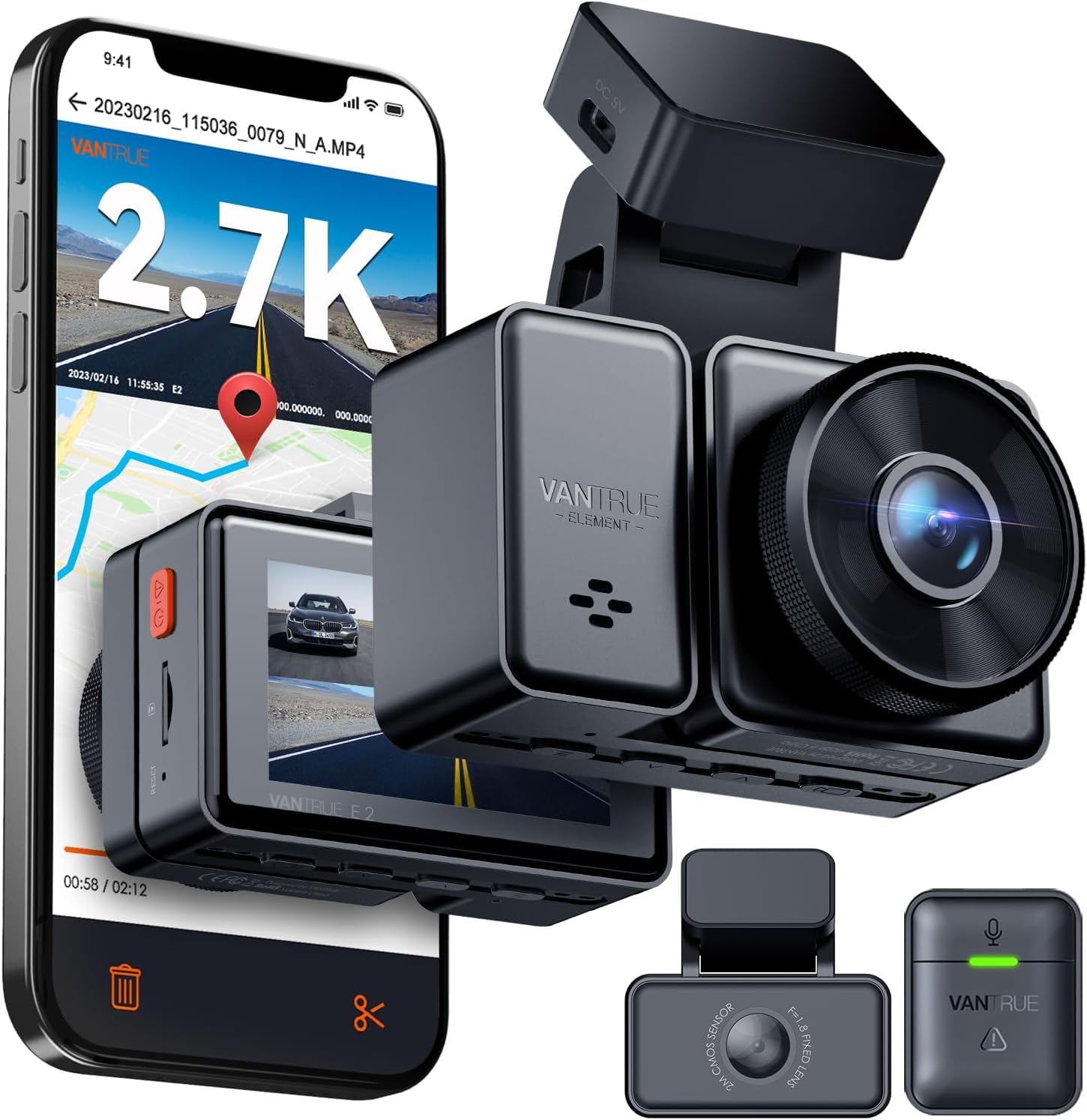 VANTRUE E2 1944P+1944P Cámara de Coche 5GHz WiFi GPS, inalámbrica y controlada por Voz Trasera Delantera, WDR Night Vision Buffer Parking Mode Car Camera, 2.45 Pulgadas 320 °, 512GB máximo