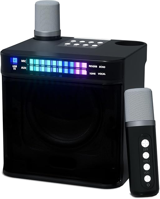 RUBEHOOW Maszyna do karaoke z dwoma mikrofonami bezprzewodowymi, diodami LED, możliwość ponownego ładowania, połączenie Bluetooth, przenośny system głośników PA, nadaje się do domowej rozrywki i