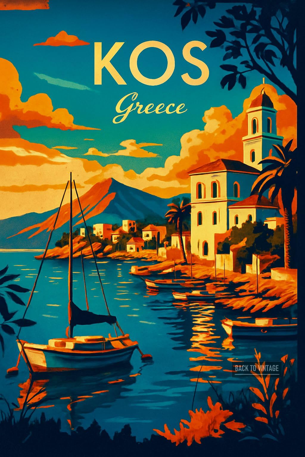 BACK TO VINTAGE Vibrant Retro Illustration Of Kos Greece At Sunset_result - A4 Travel City Poster Wall Art Home Decor Art Print Featuring Urban Landmarks and Global Views for Stylish Interior Display