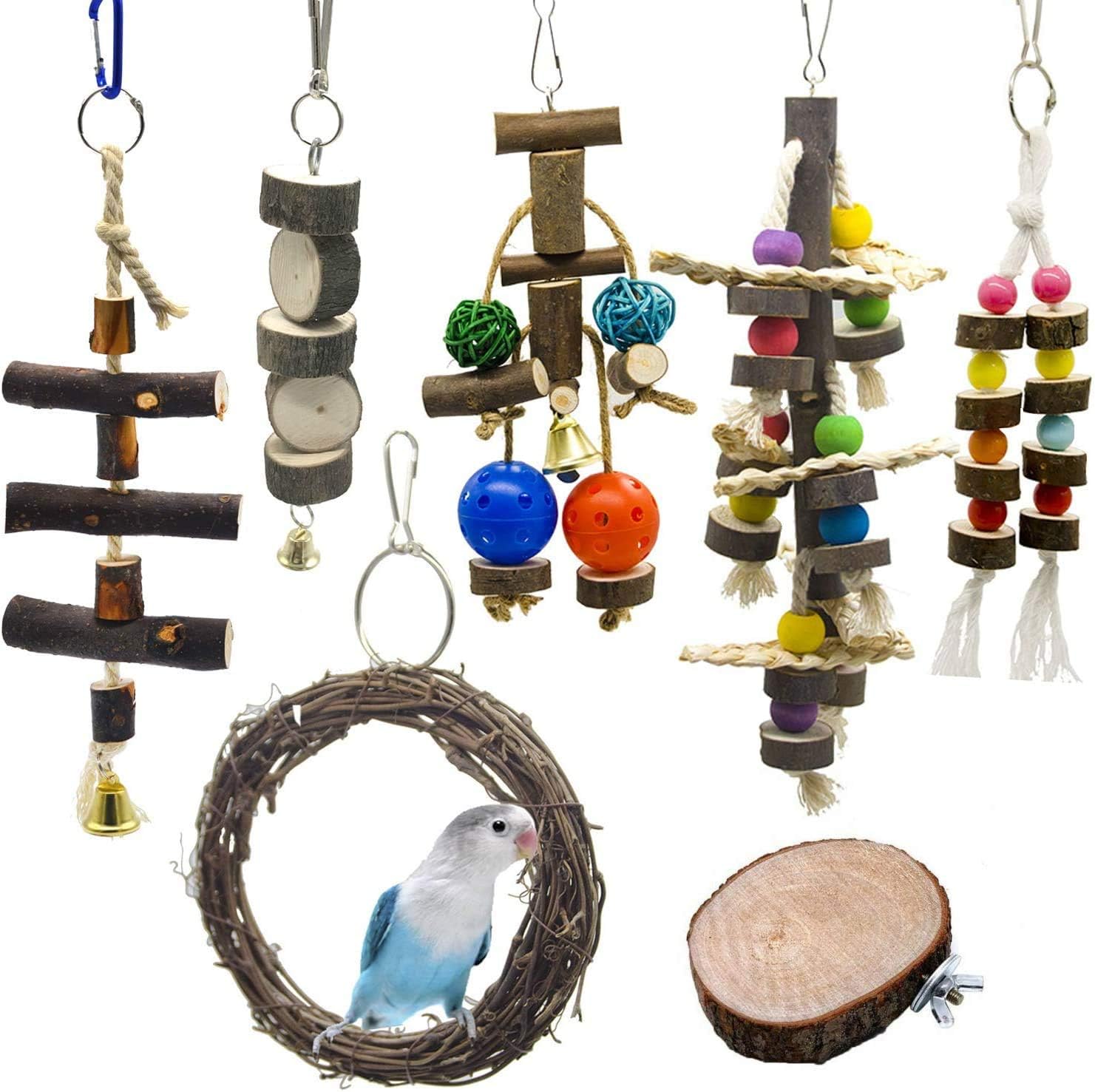 ZYP 7 Packs Natural Bird Chewing Swing Toys, Camphor Wood Parrot Hammock Platform Hanging Bell Cage Toys for Parakeets, Cockatiels,…