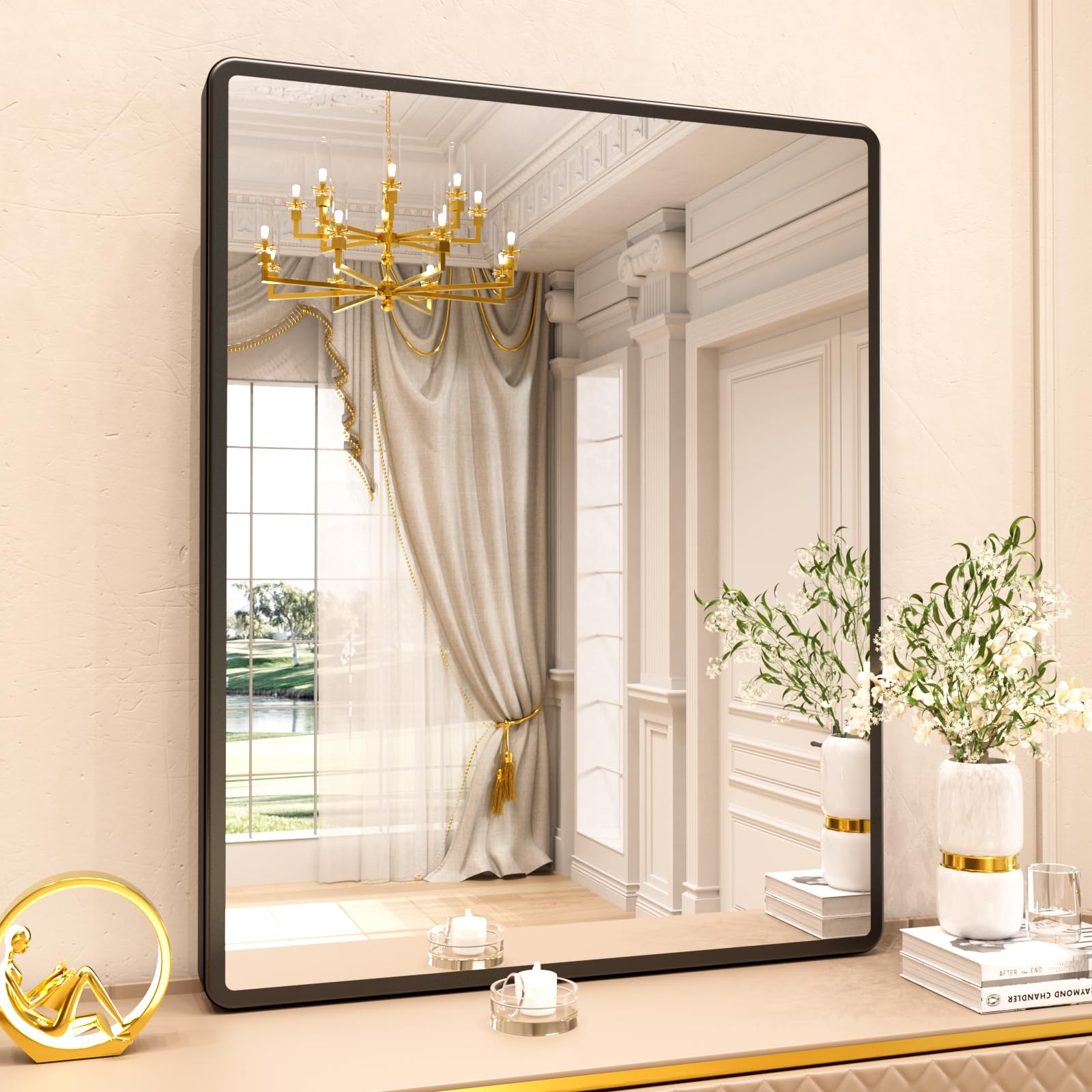 New Upgrade 40X32 Inch Wall Mounted Bathroom Mirror, Black Metal Frame Rounded Rectangle Mirror, Bathroom Vanity Mirror with Tempered Glass for Washroom Bedroom Living Room