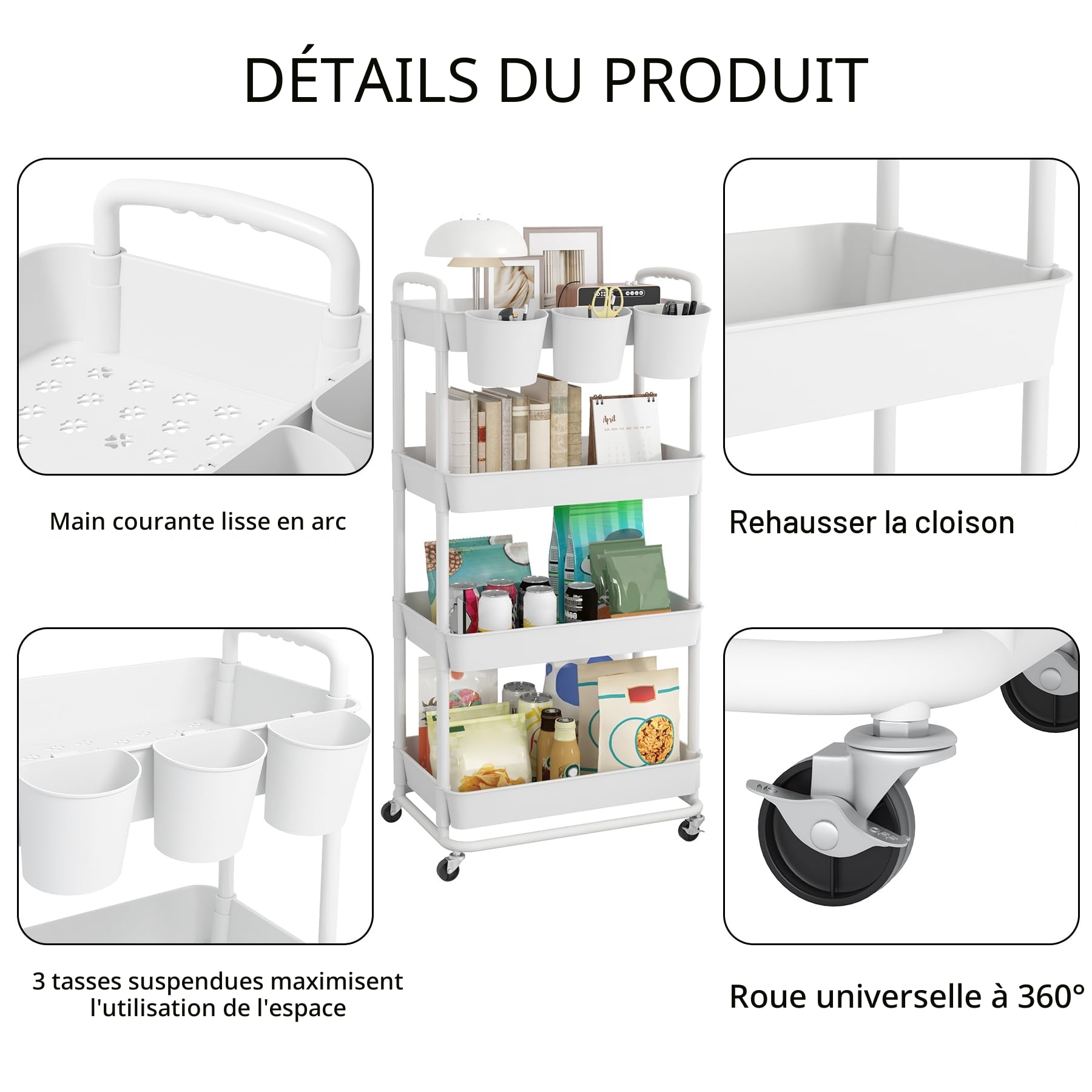 JIUYOTREE Chariot de Rangement à 4 Niveaux, Roulettes Verrouillables, Poignées, Gobelets Suspendus, Blanc