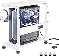 Vista 9 de Soporte de torre de computadora de altura ajustable con estación de carga y puerto de carga USB, carrito de 2 niveles ATX, soporte de PC móvil Negro