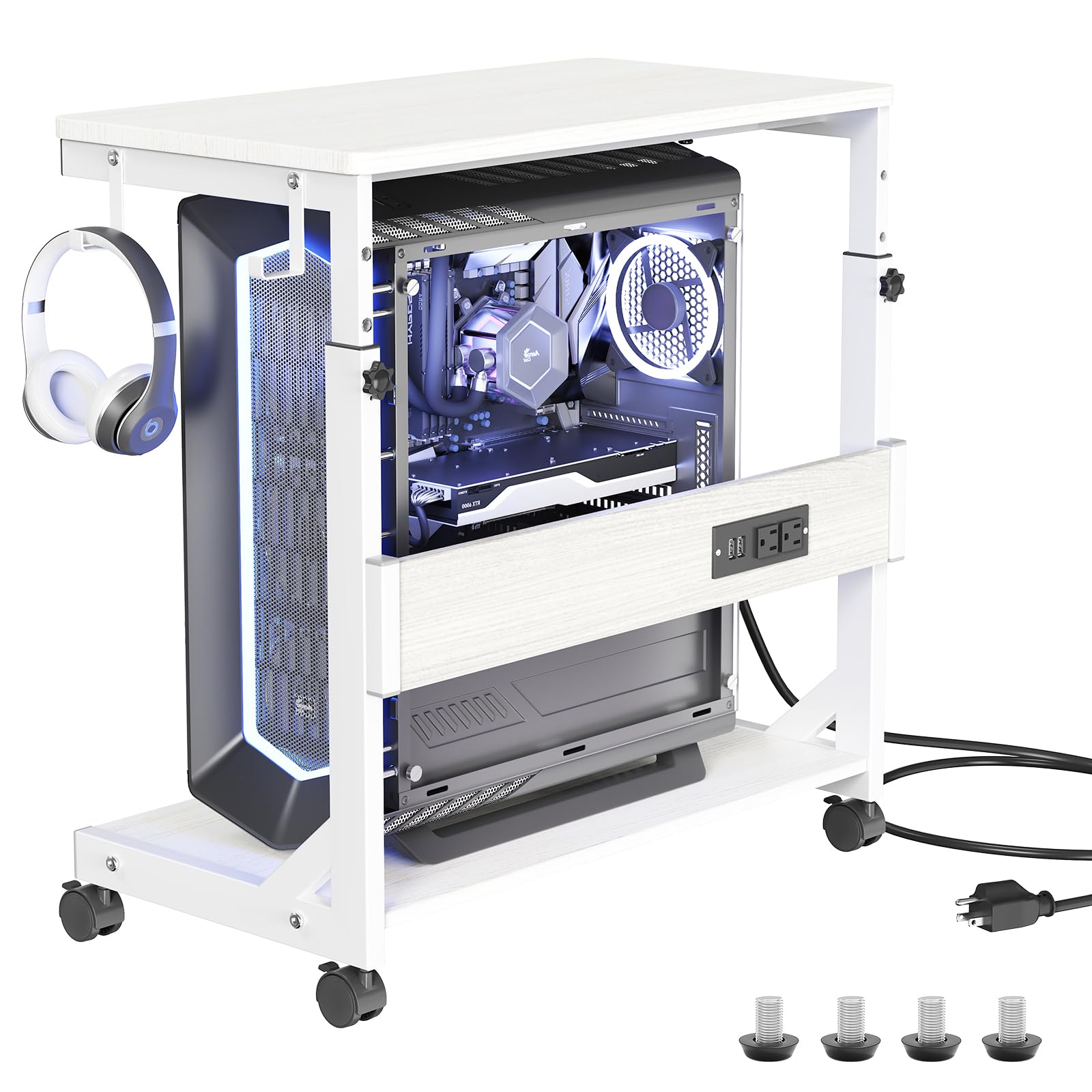 Height Adjustable Computer Tower Stand with Charge Station and USB Charging Port 2-Tier ATX-Case Cart Under Desk Mobile