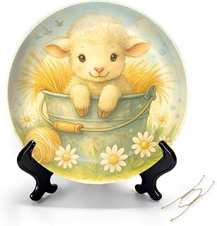 Shelf Decorative Plates, Modern Farmhouse Wall Decor, Boho 8" Cute Lamb Bucket Daisies Hay Table Home Decors, Studio Office Housewarming Decorations Gifts