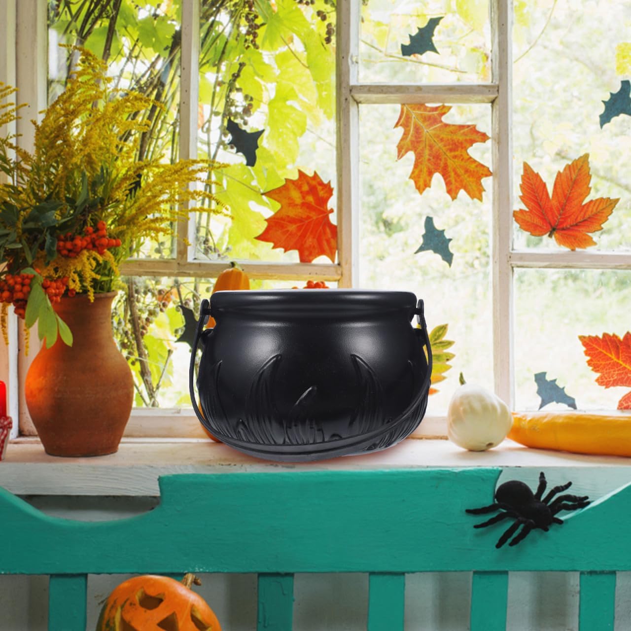Alipis Black Cauldron, Halloween Witch Cauldron Pot with Handle, Large Plastic Kettle Candy Basket Storage Holder Halloween Party Decorations
