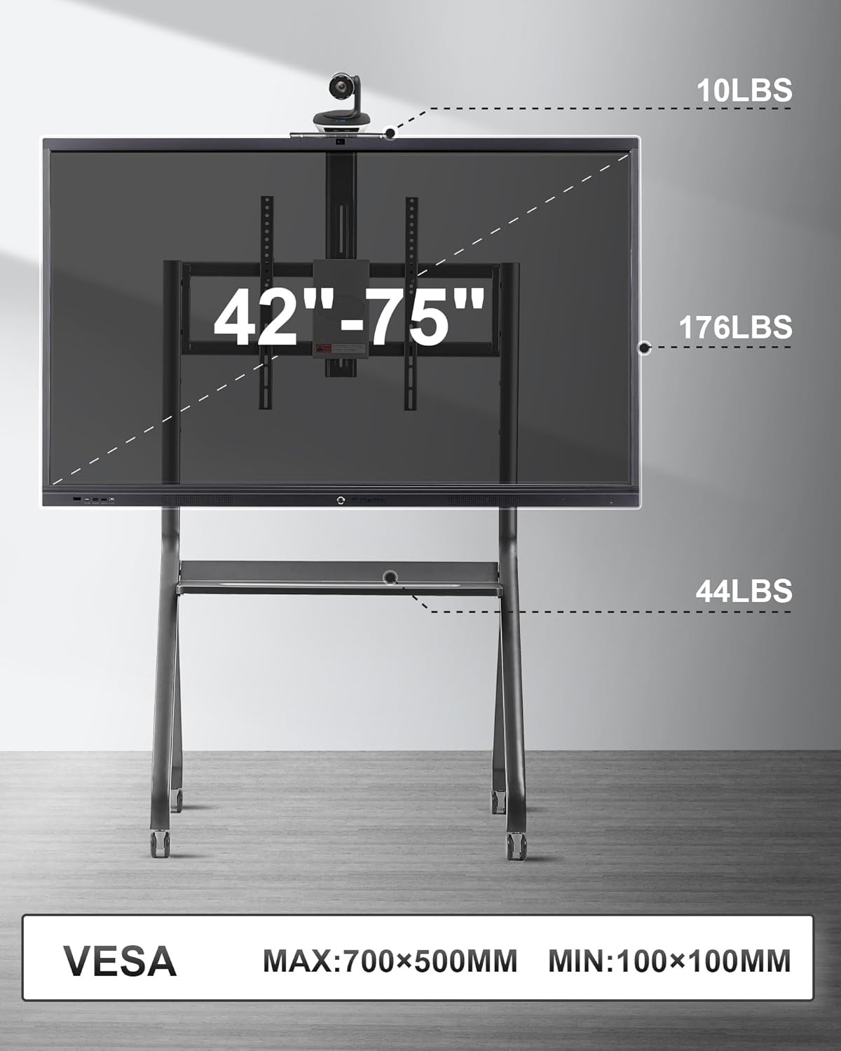 Smart board stand with screen size and weight capacity details