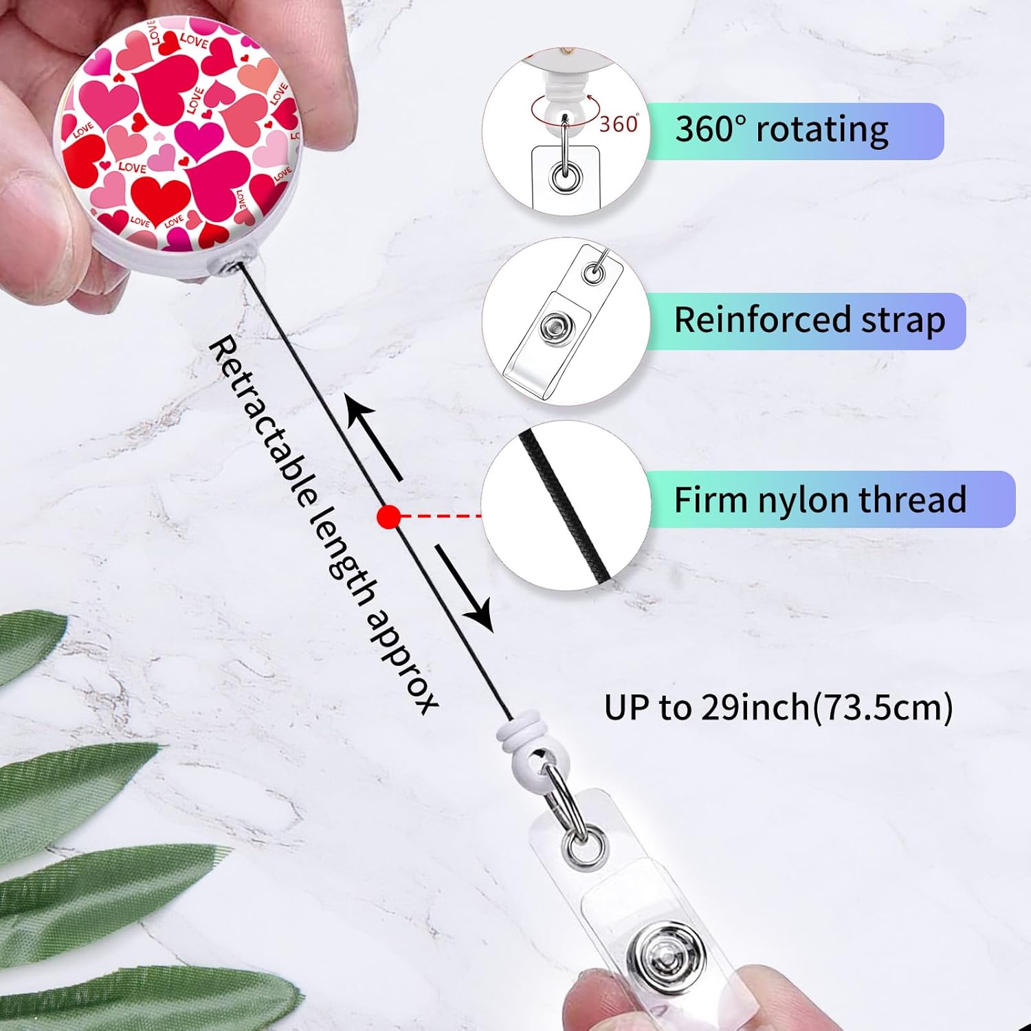 2 Pack Retractable Badge Holders Cute Badge Reel Badge Clip ID Card Holders for Student Office Worker Doctor Nurse Teacher(Love) - Image 3