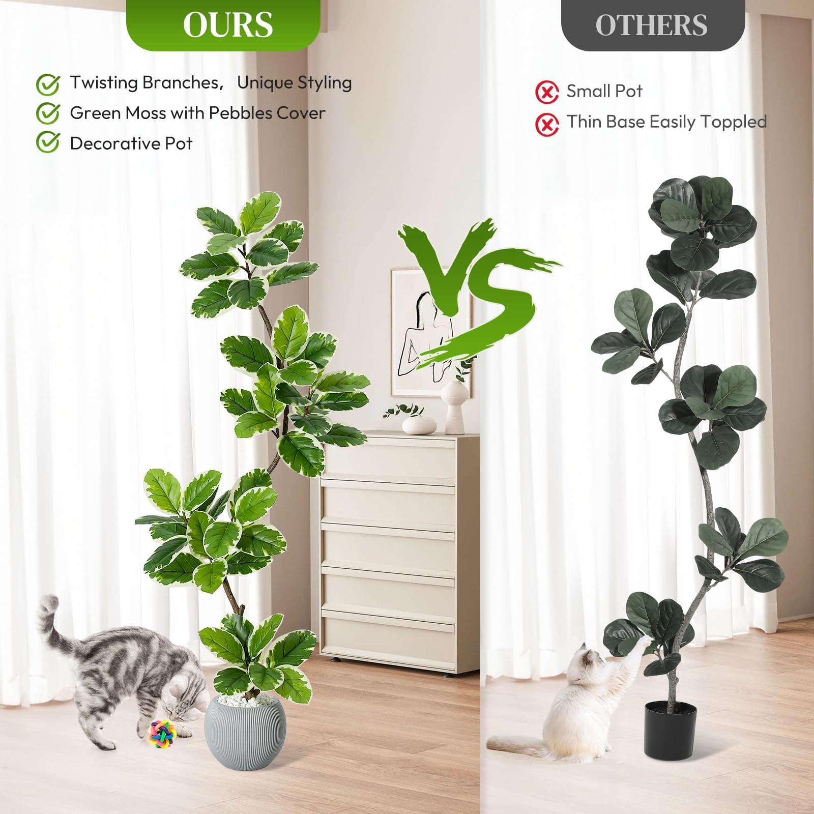 Künstlicher Gummibaum Ficus Lyrata, Große Kunstpflanze Mit Übertopf Und Steinen,Pflegeleicht Und Realistisch, Deko Wohnzimmer Deko Kunstpflanzen,Groß Als Bodengewächs Perfekte Wohnung Und Büro,150 cm