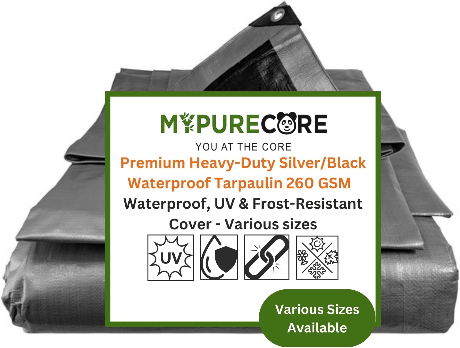 MYPURECORE Premium Heavy-Duty Tarpaulin 260 GSM - Waterproof, UV & Frost-Resistant Cover - Versatile for Camping, Garden, Gazebo, Trailer - Silver/Black Sheet with Reinforcement Edge (2m x 3m)