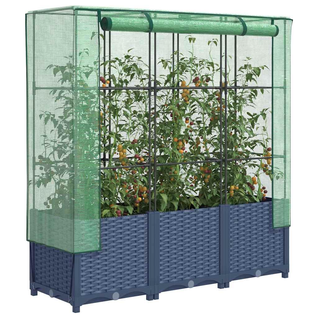 Bancal alto con accesorio para invernadero, aspecto de ratán, 120 x 40 x 138 cm, para jardín, terraza, balcón, jardinera, semillero, aspecto de ratán, color gris azulado
