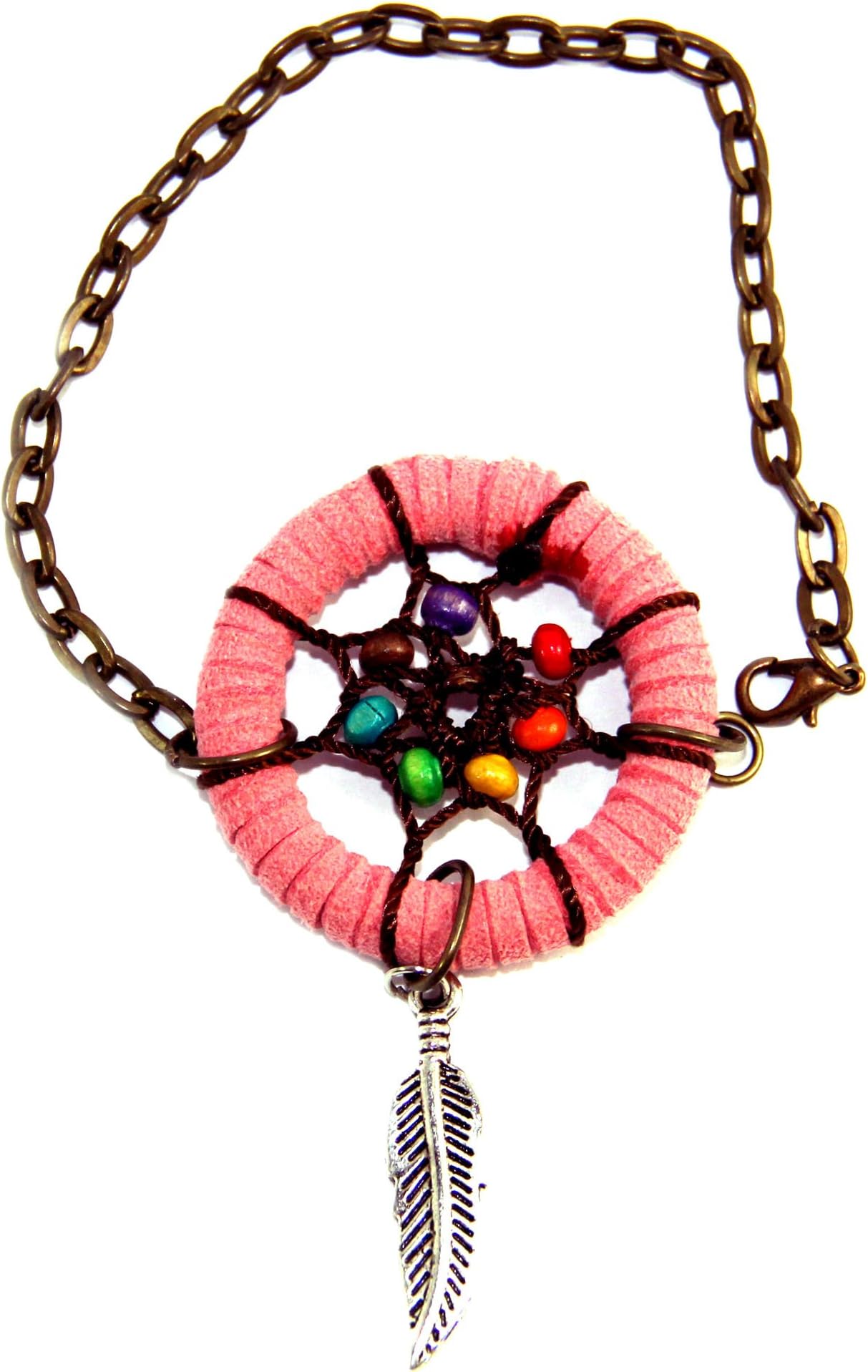 Dream Catcher Bracelet, Feather, Pink, Wood Beads, Handmade (PBL42Pi)